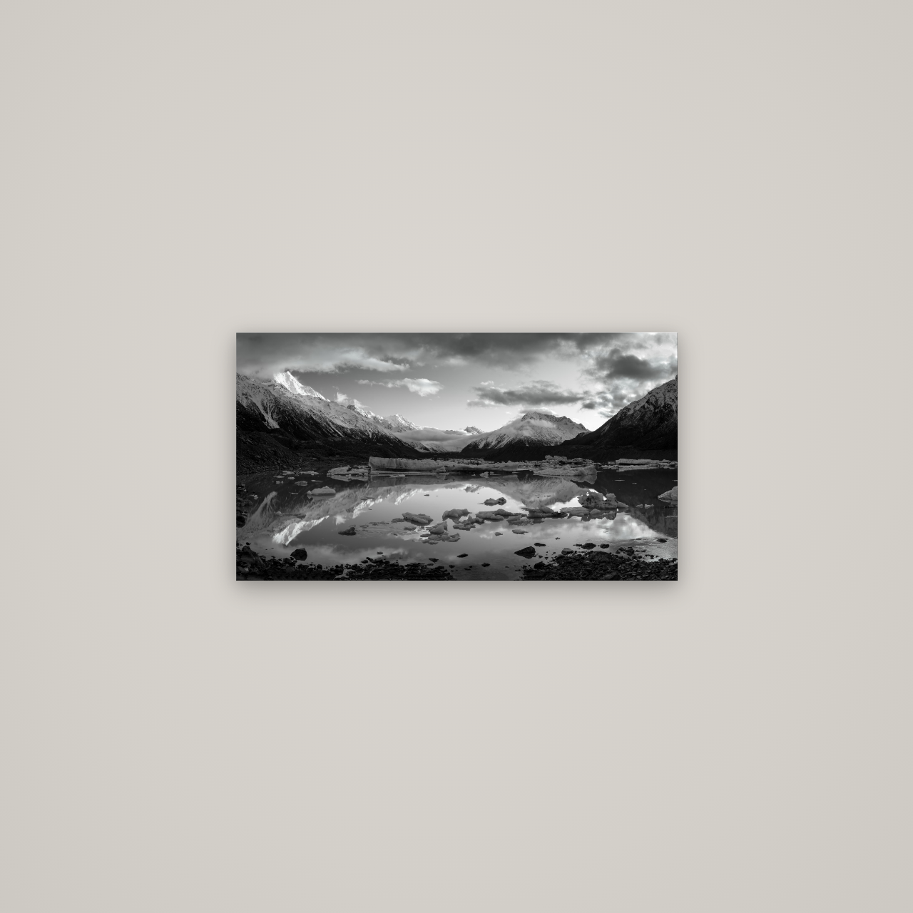 Aurora of Aoraki, Tasman Glacier's Awakening — No frame, 64×36 cm. New Zealand fine art wall art by Stephen Milner.