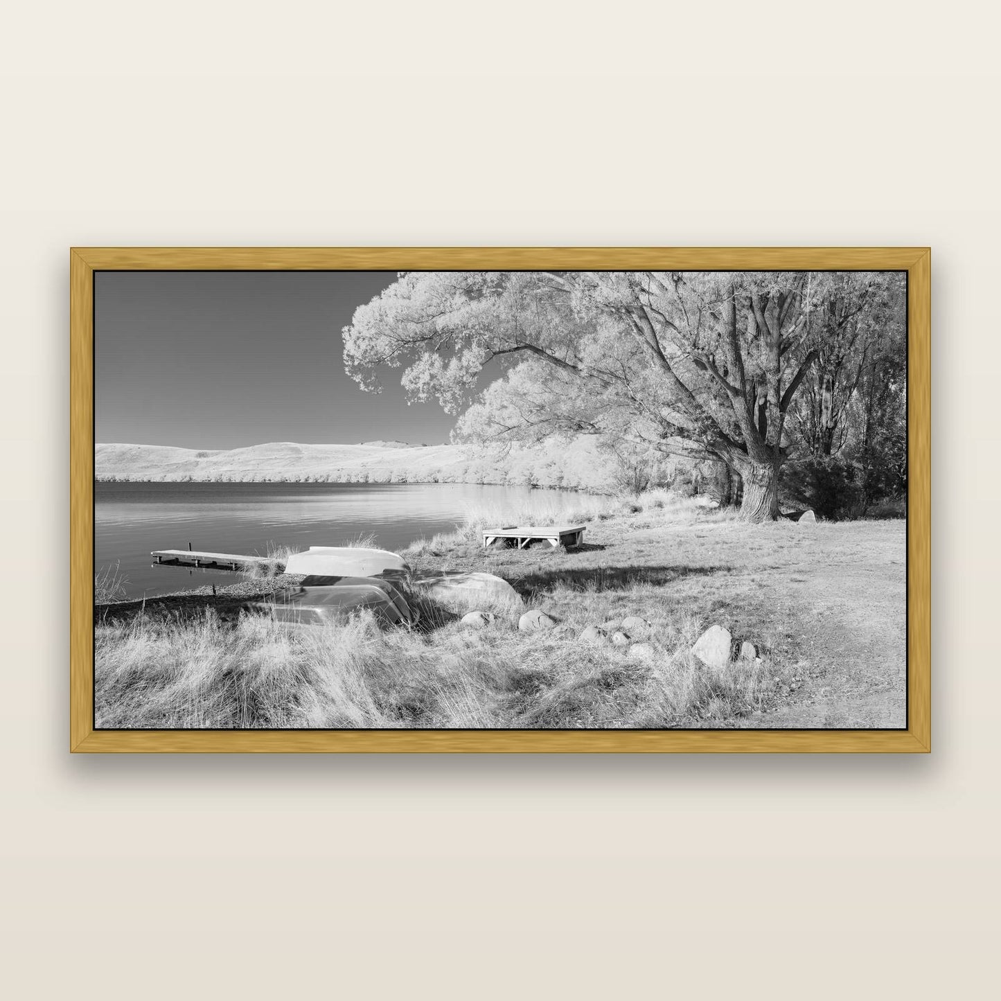 Beneath the Willows, Lake Alexandrina, black and white framed metallic canvas print, Antique Gold frame. New Zealand fine art wall art by Stephen Milner.