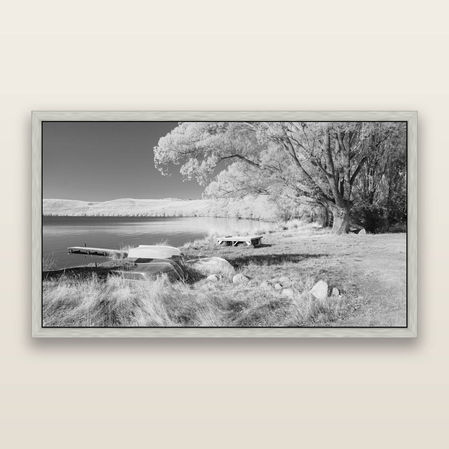 Beneath the Willows, Lake Alexandrina, black and white framed metallic canvas print, Antique Silver frame. New Zealand fine art wall art by Stephen Milner.