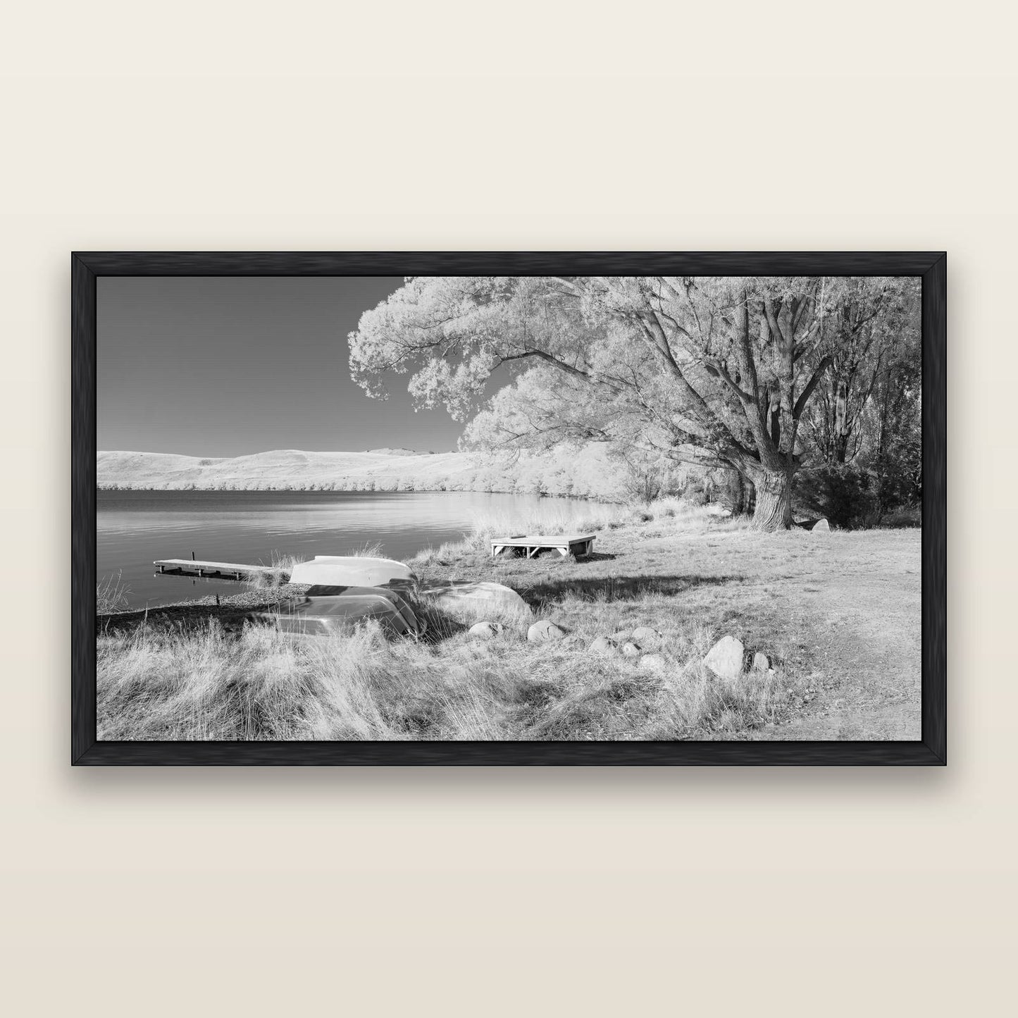 Beneath the Willows, Lake Alexandrina, black and white framed metallic canvas print, Black frame. New Zealand fine art wall art by Stephen Milner.