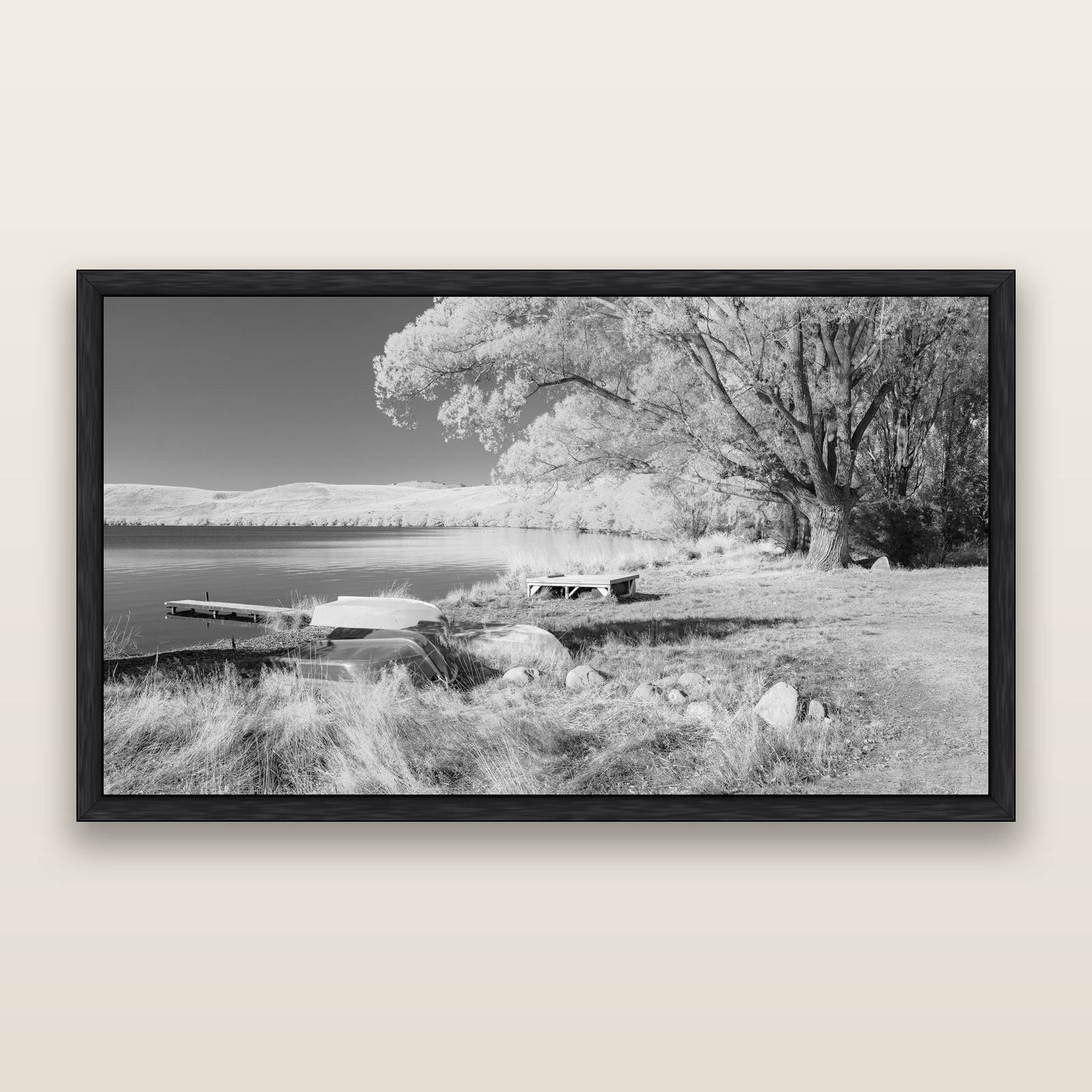Beneath the Willows, Lake Alexandrina, black and white framed metallic canvas print, Black frame. New Zealand fine art wall art by Stephen Milner.