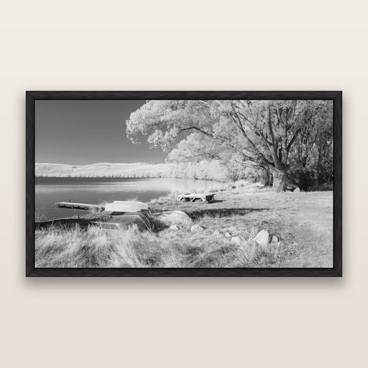 Beneath the Willows, Lake Alexandrina, black and white framed metallic canvas print, Black frame. New Zealand fine art wall art by Stephen Milner.