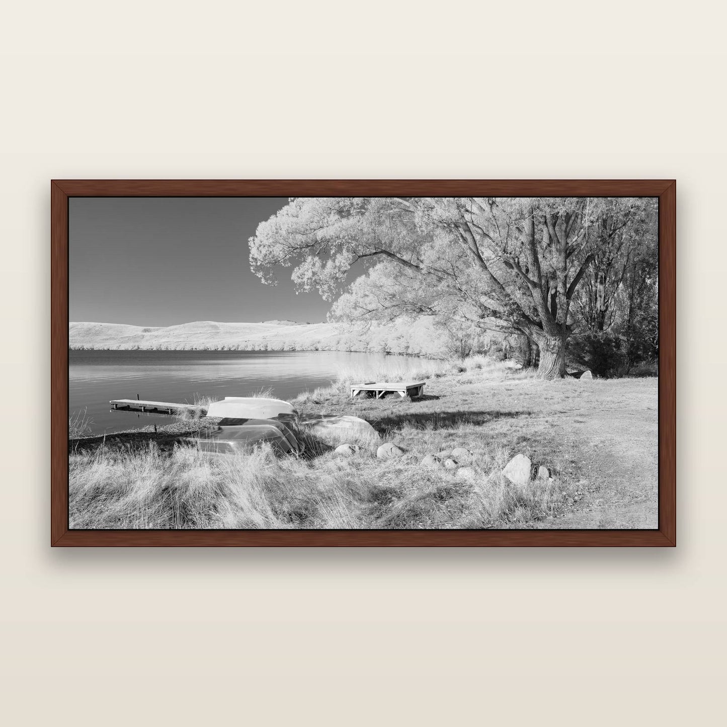 Beneath the Willows, Lake Alexandrina, black and white framed metallic canvas print, Brown frame. New Zealand fine art wall art by Stephen Milner.