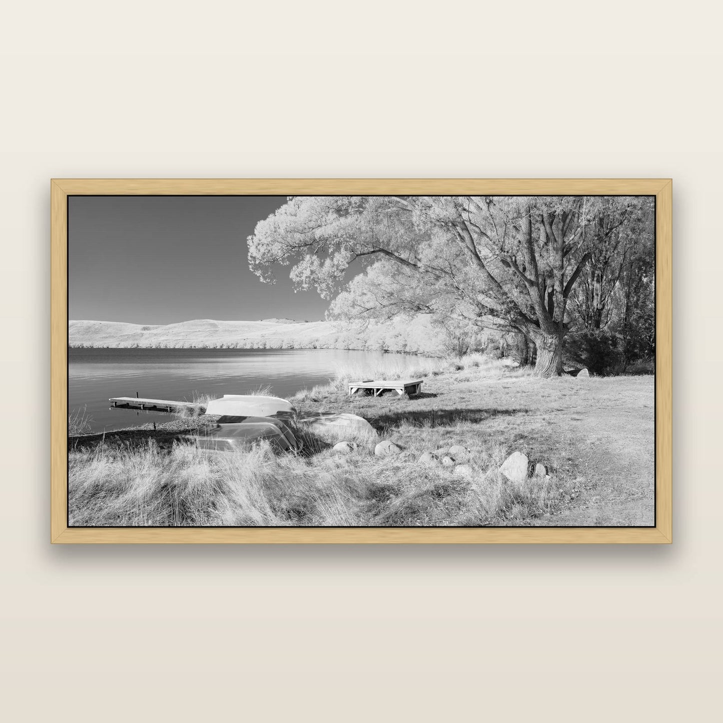 Beneath the Willows, Lake Alexandrina, black and white framed metallic canvas print, Natural frame. New Zealand fine art wall art by Stephen Milner.