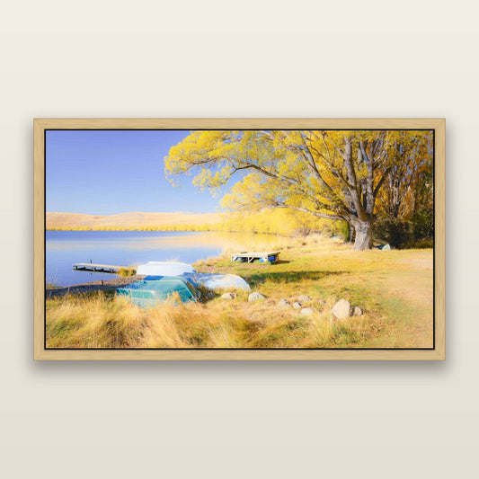 Autumn on the Lake, Lake Alexandrina — framed metallic canvas print, Natural frame. New Zealand fine art landscape wall art by Stephen Milner.