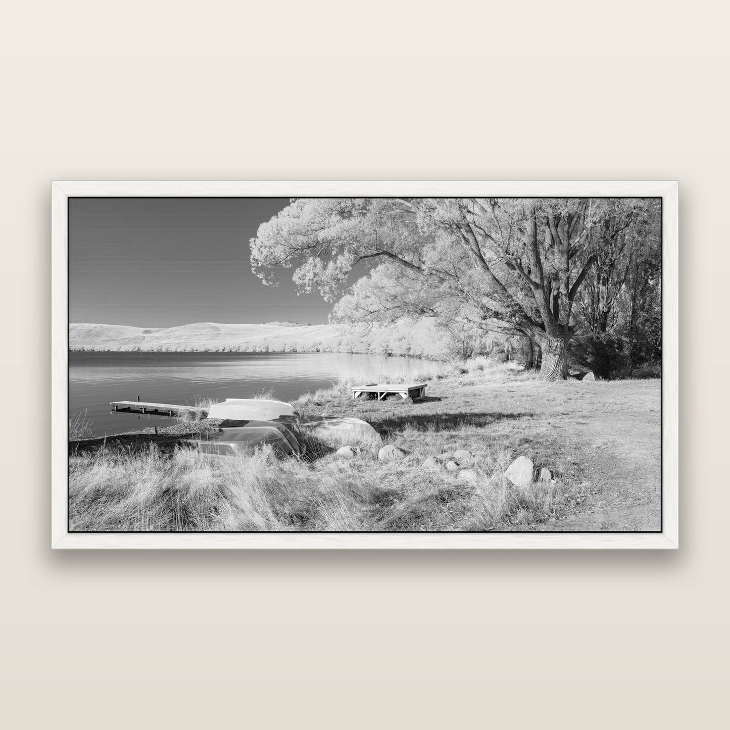 Beneath the Willows, Lake Alexandrina, black and white framed metallic canvas print, White frame. New Zealand fine art wall art by Stephen Milner.