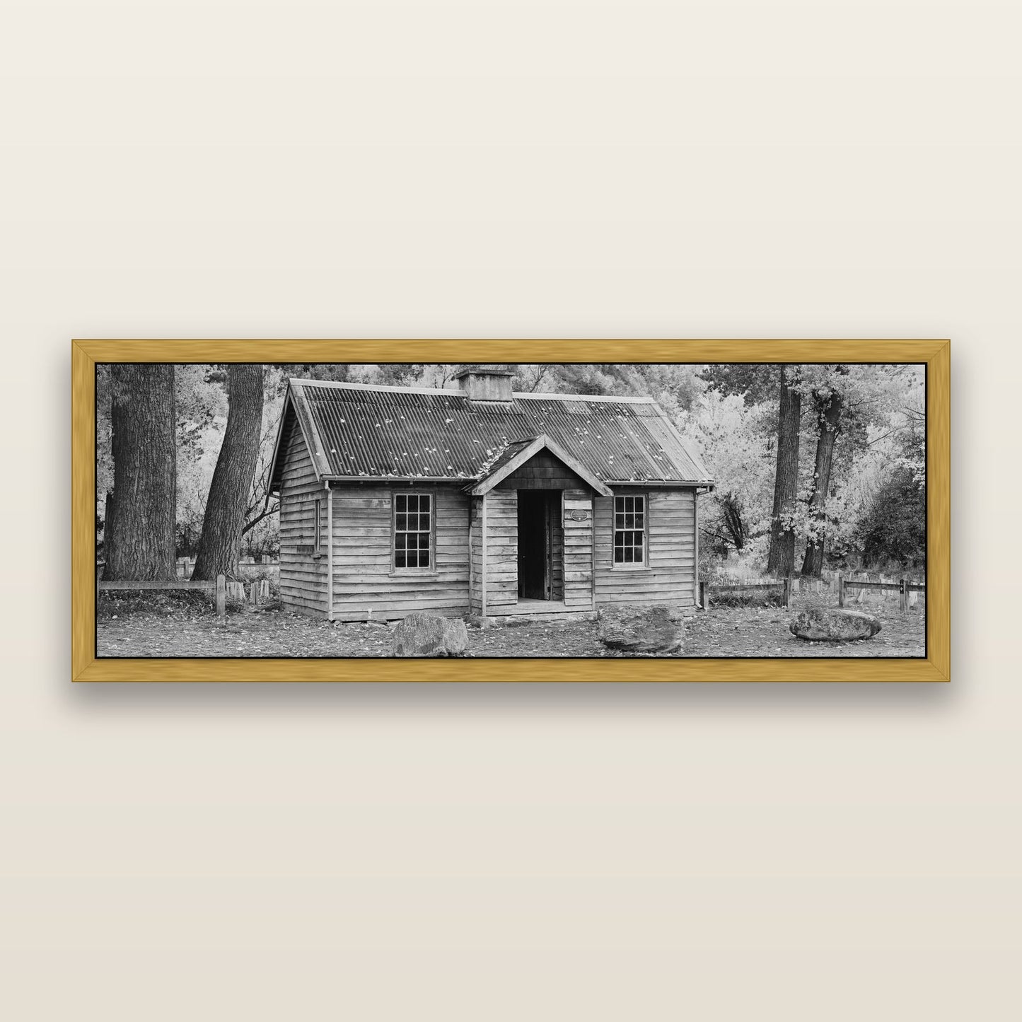 Law and Order, Arrowtown, black and white framed metallic canvas print, Antique Gold frame. New Zealand fine art wall art by Stephen Milner.