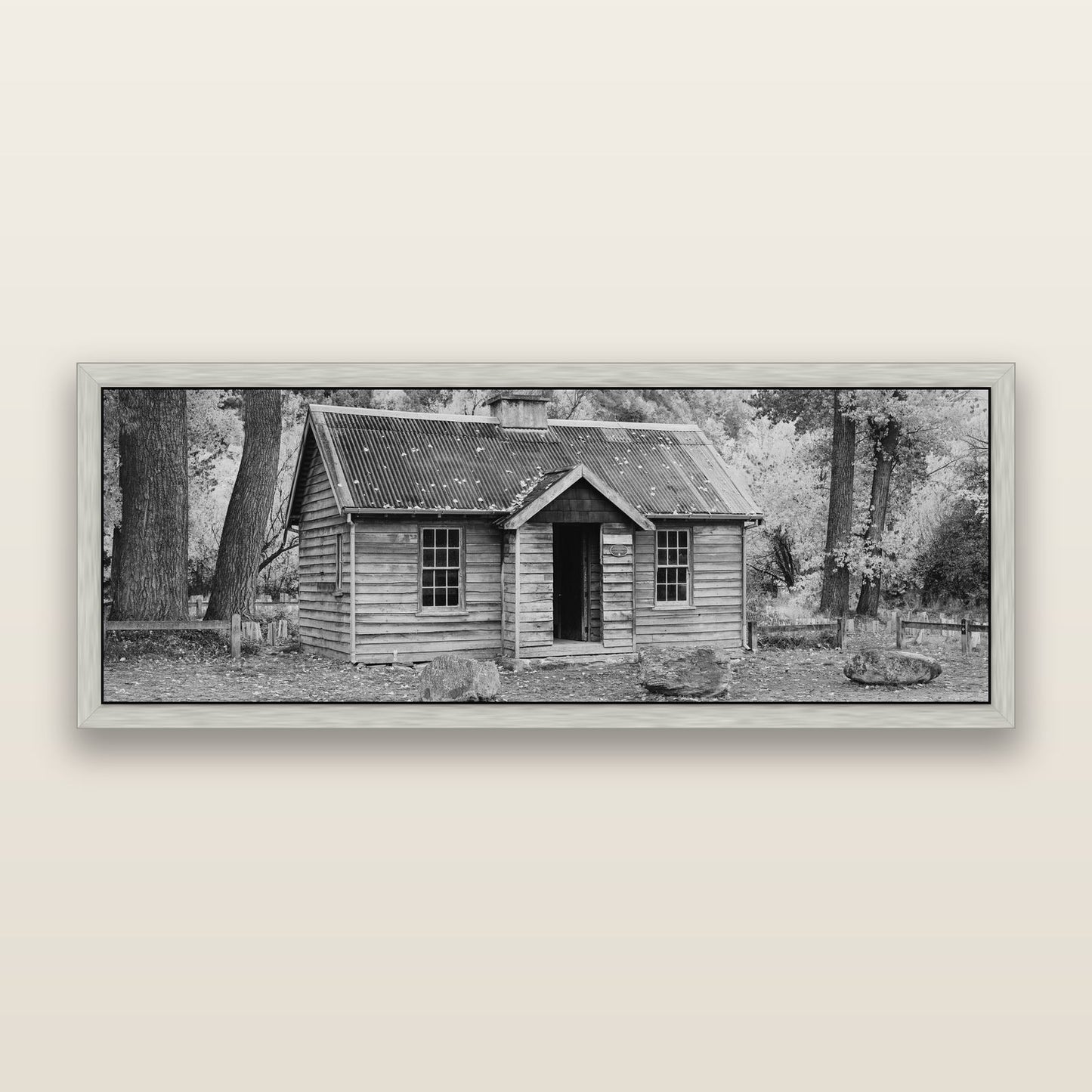 Law and Order, Arrowtown, black and white framed metallic canvas print, Antique Silver frame. New Zealand fine art wall art by Stephen Milner.
