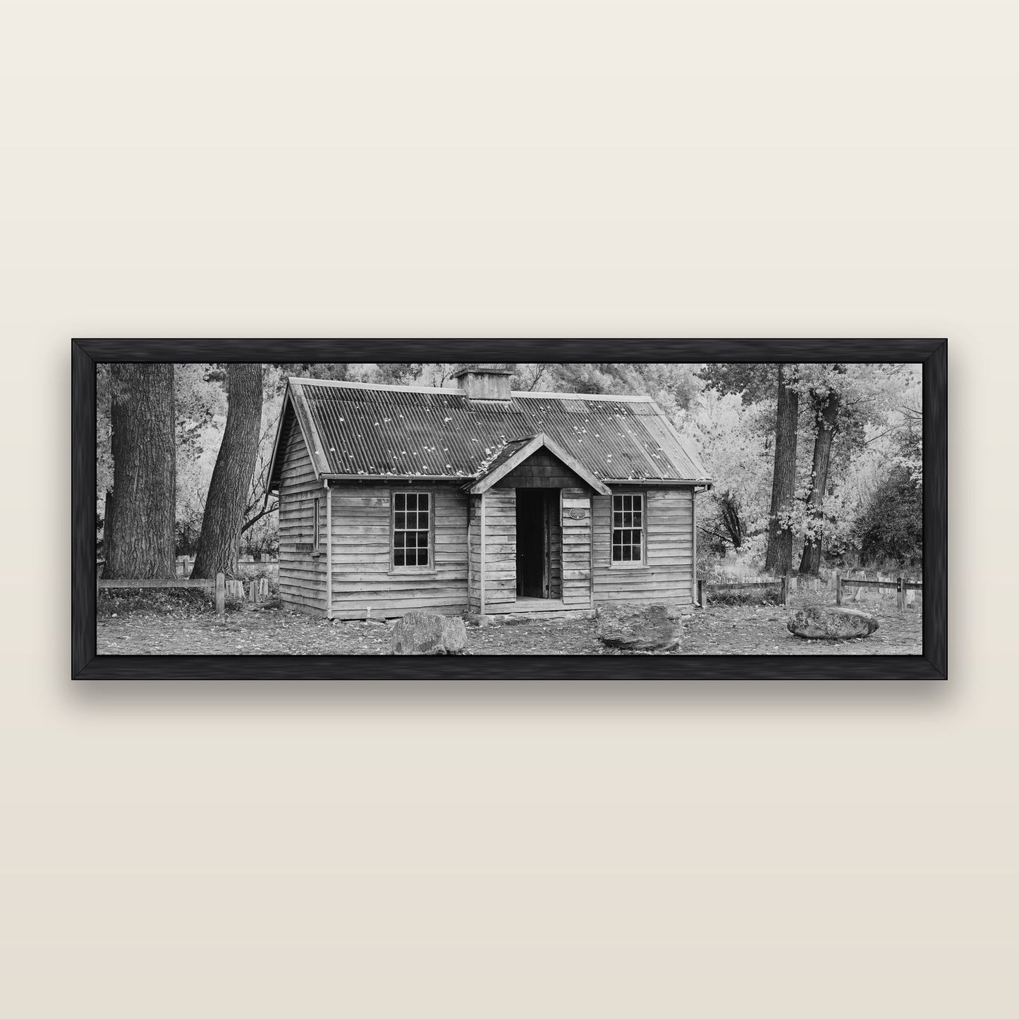 Law and Order, Arrowtown, black and white framed metallic canvas print, Black frame. New Zealand fine art wall art by Stephen Milner.