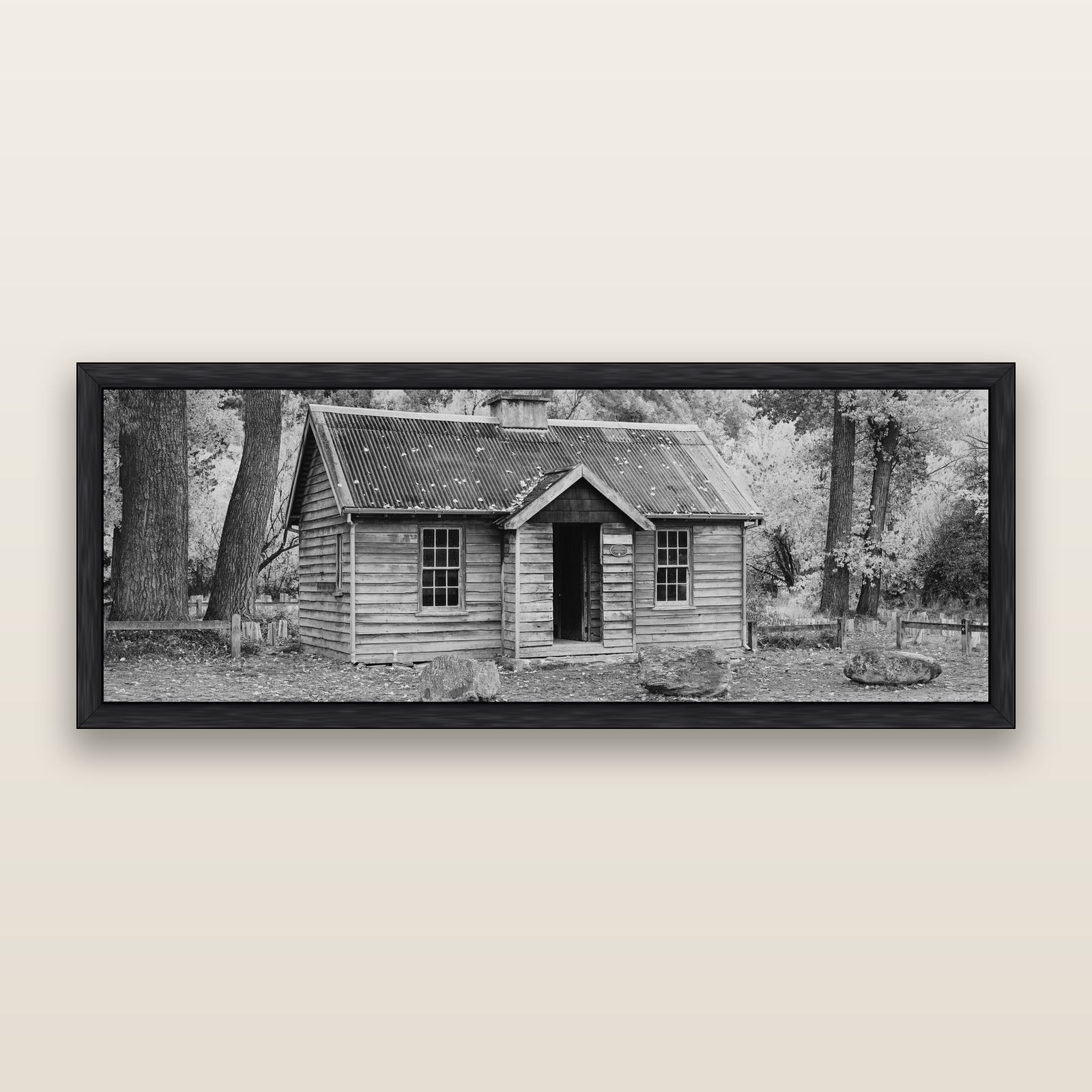 Law and Order, Arrowtown, black and white framed metallic canvas print, Black frame. New Zealand fine art wall art by Stephen Milner.