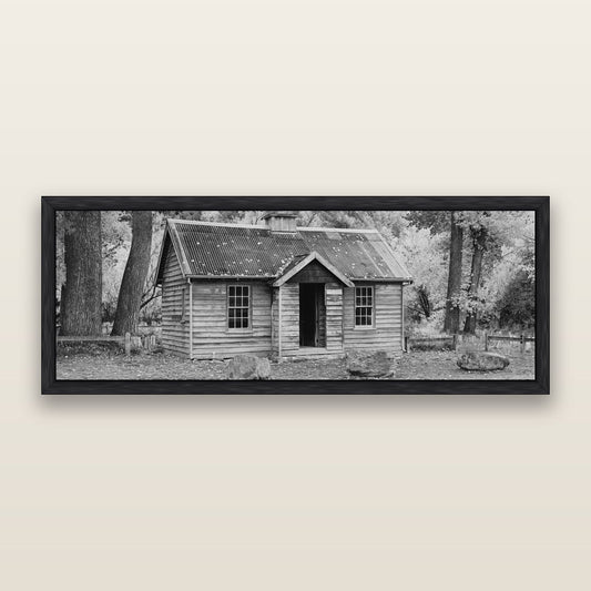 Law and Order, Arrowtown, black and white framed metallic canvas print, Black frame. New Zealand fine art wall art by Stephen Milner.