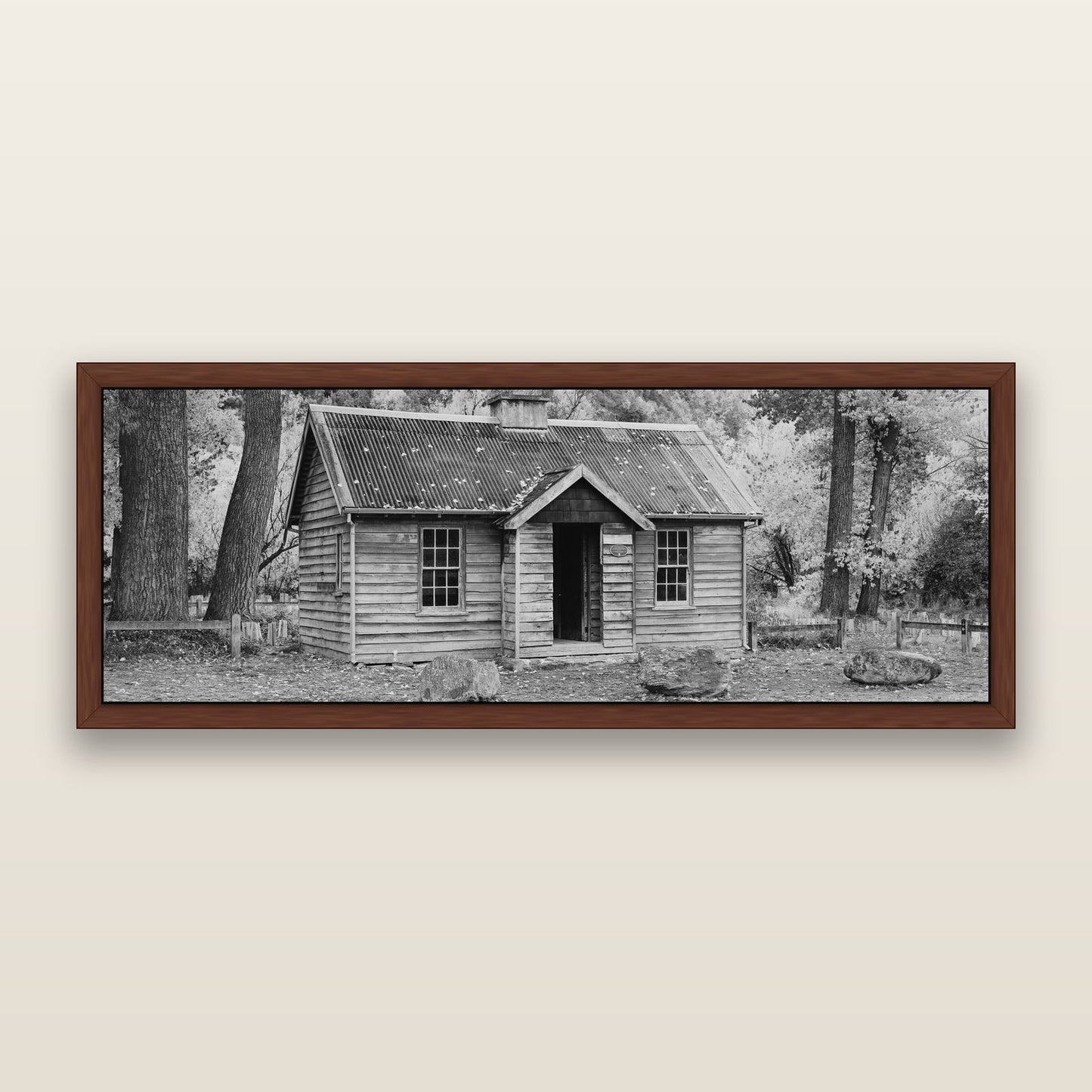Law and Order, Arrowtown, black and white framed metallic canvas print, Brown frame. New Zealand fine art wall art by Stephen Milner.