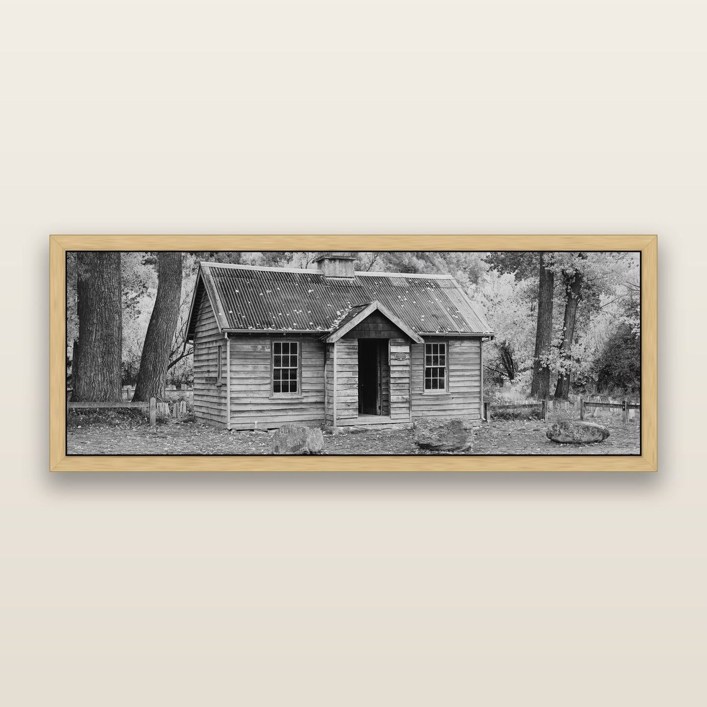Law and Order, Arrowtown, black and white framed metallic canvas print, Natural frame. New Zealand fine art wall art by Stephen Milner.