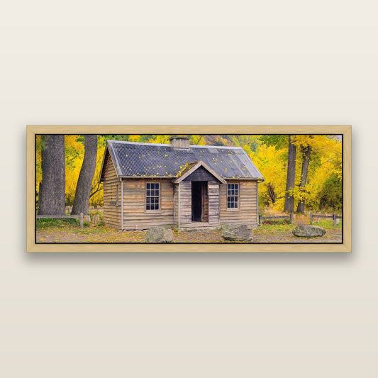 Autumnal Law and Order, Arrowtown — framed metallic canvas print, Natural frame. New Zealand fine art landscape wall art by Stephen Milner.
