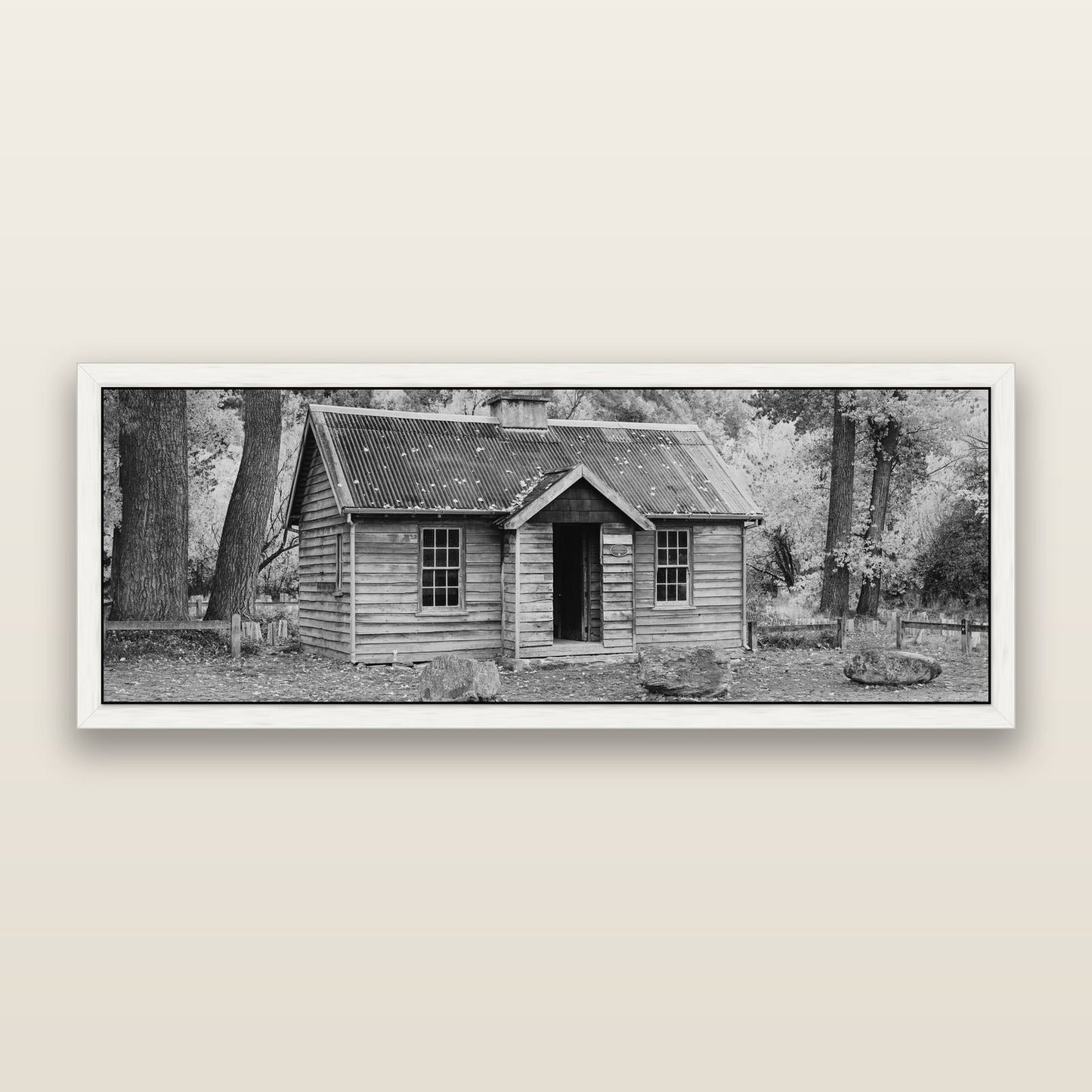 Law and Order, Arrowtown, black and white framed metallic canvas print, White frame. New Zealand fine art wall art by Stephen Milner.