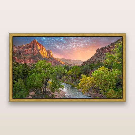 Autumn's Embrace, Sunset Over Zion's Golden Valley — framed metallic canvas print, Antique Gold frame. New Zealand fine art landscape wall art by Stephen Milner.