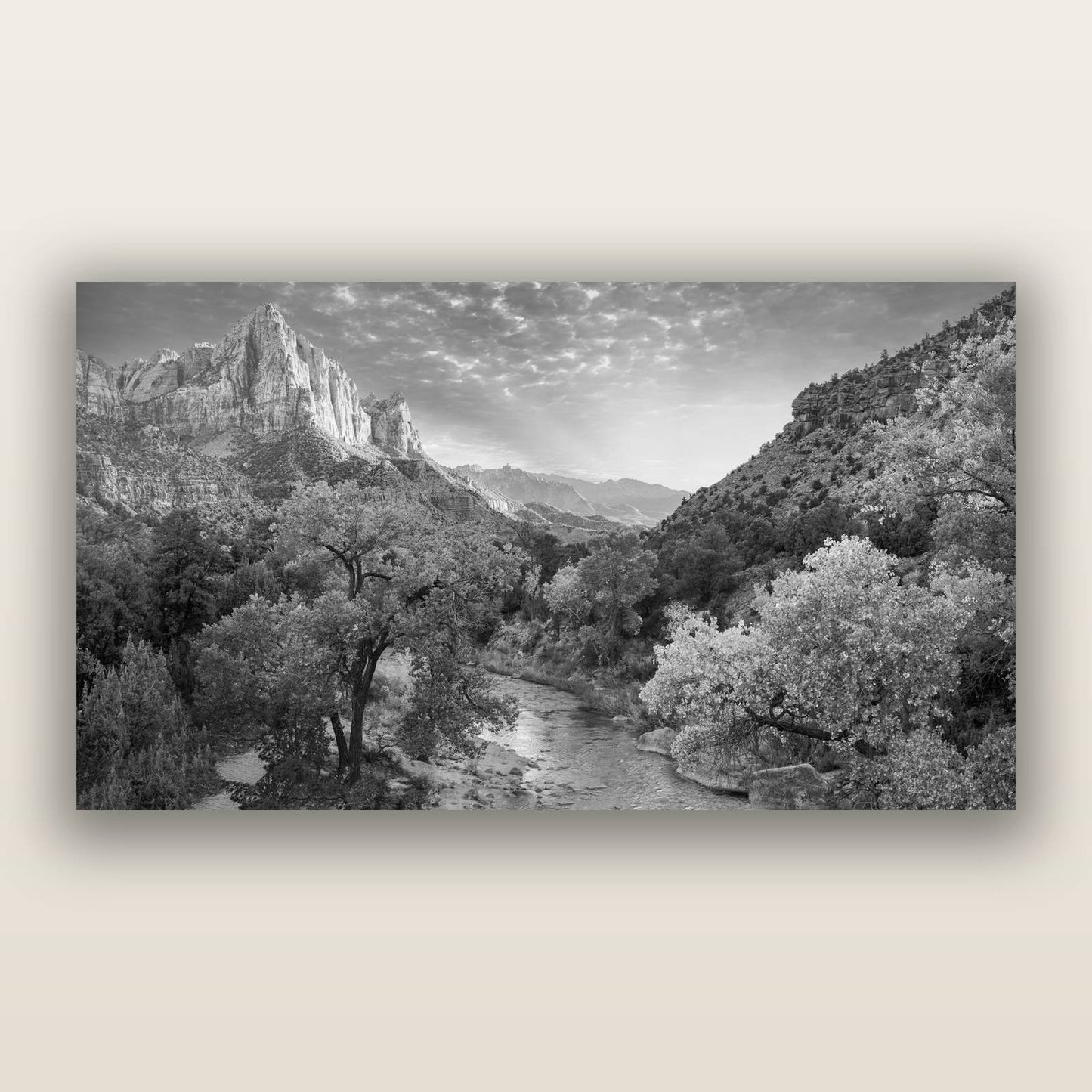 Canyon Evening, Zion National Park, black and white frameless acrylic glass print. New Zealand fine art photography by Stephen Milner.