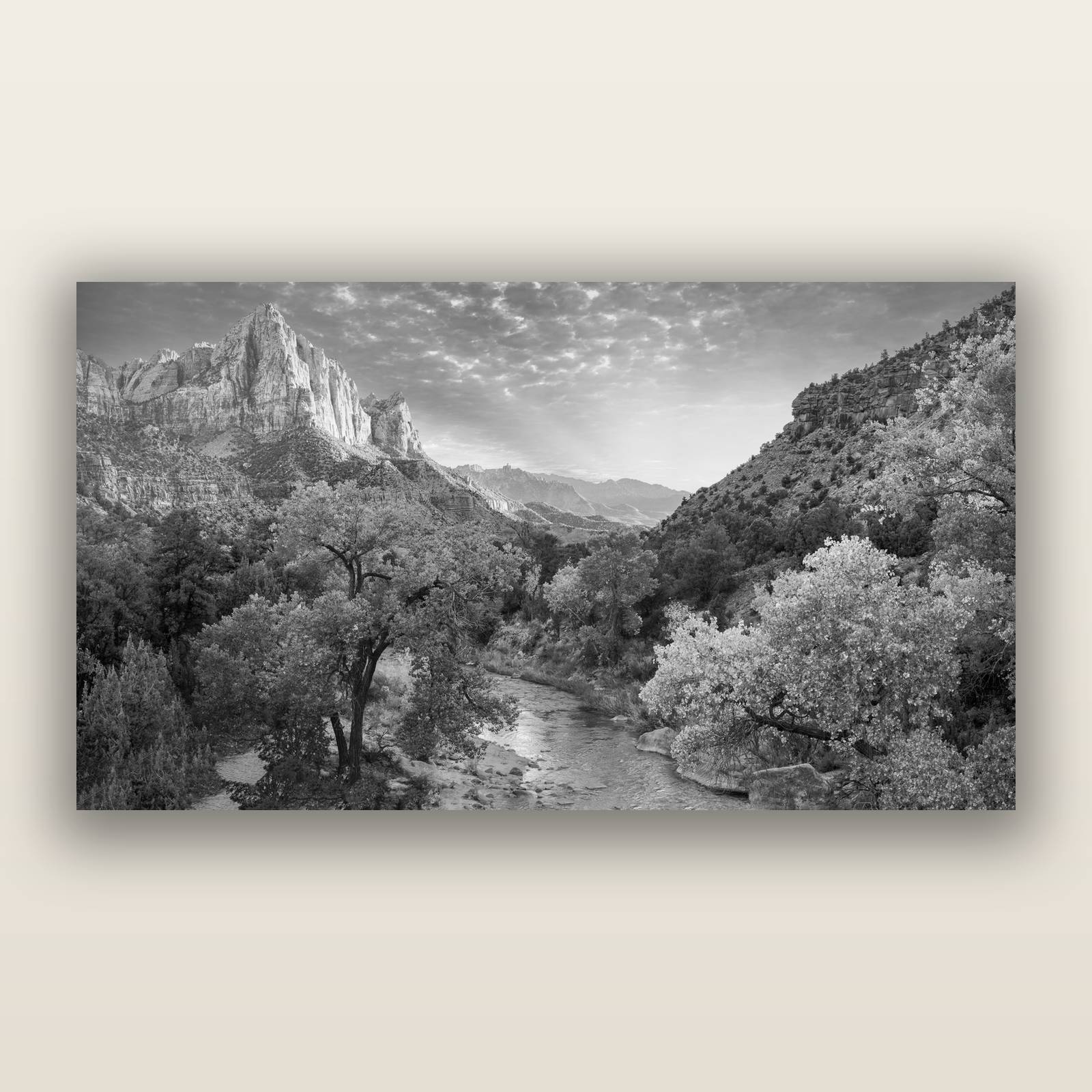 Canyon Evening, Zion National Park, black and white frameless acrylic glass print. New Zealand fine art photography by Stephen Milner.