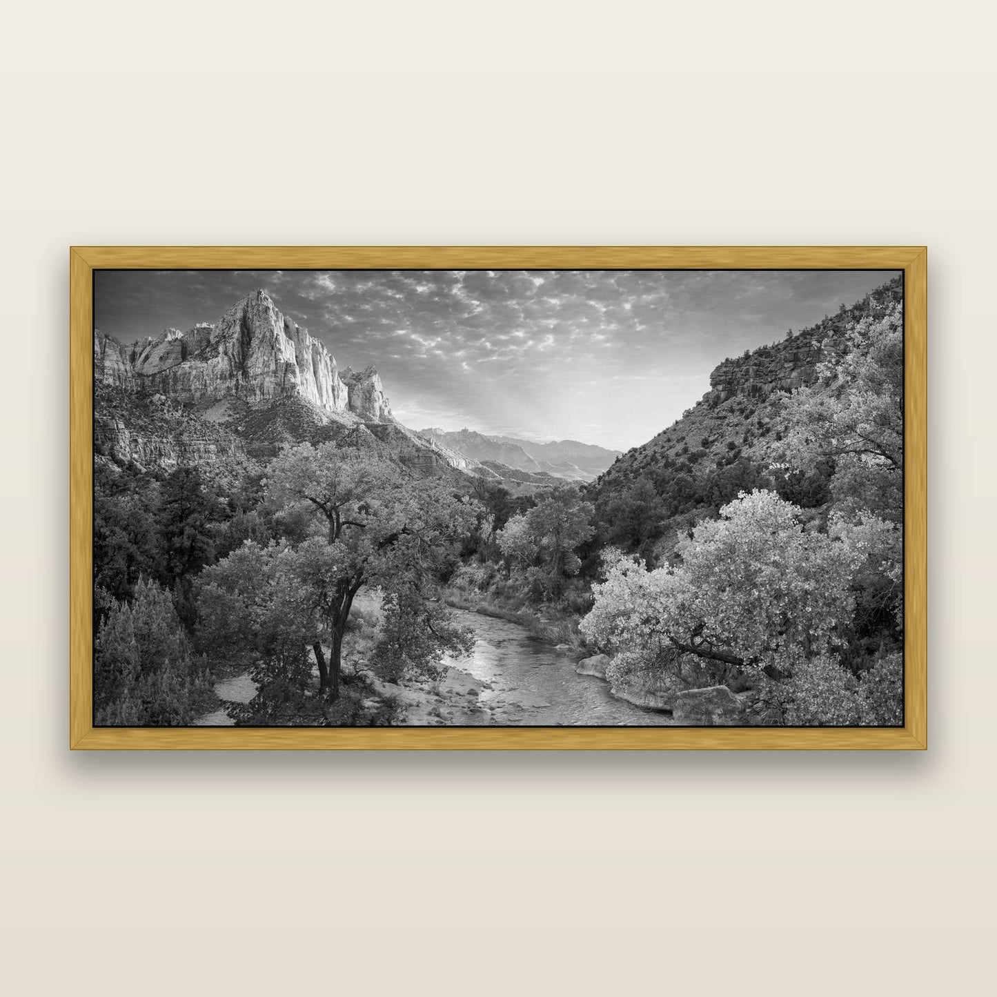 Canyon Evening, Zion National Park, black and white framed metallic canvas print, Antique Gold frame. New Zealand fine art wall art by Stephen Milner.