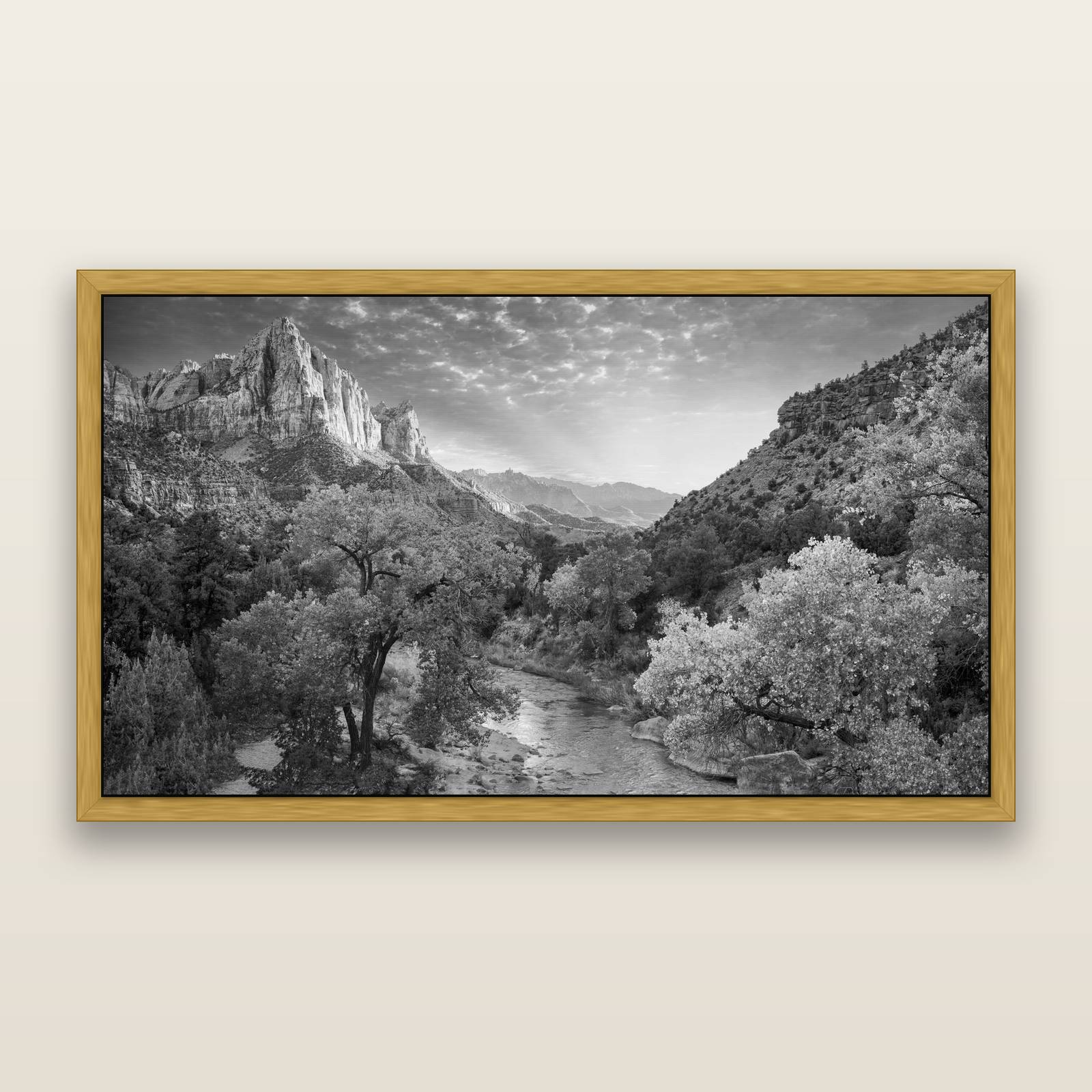 Canyon Evening, Zion National Park, black and white framed metallic canvas print, Antique Gold frame. New Zealand fine art wall art by Stephen Milner.
