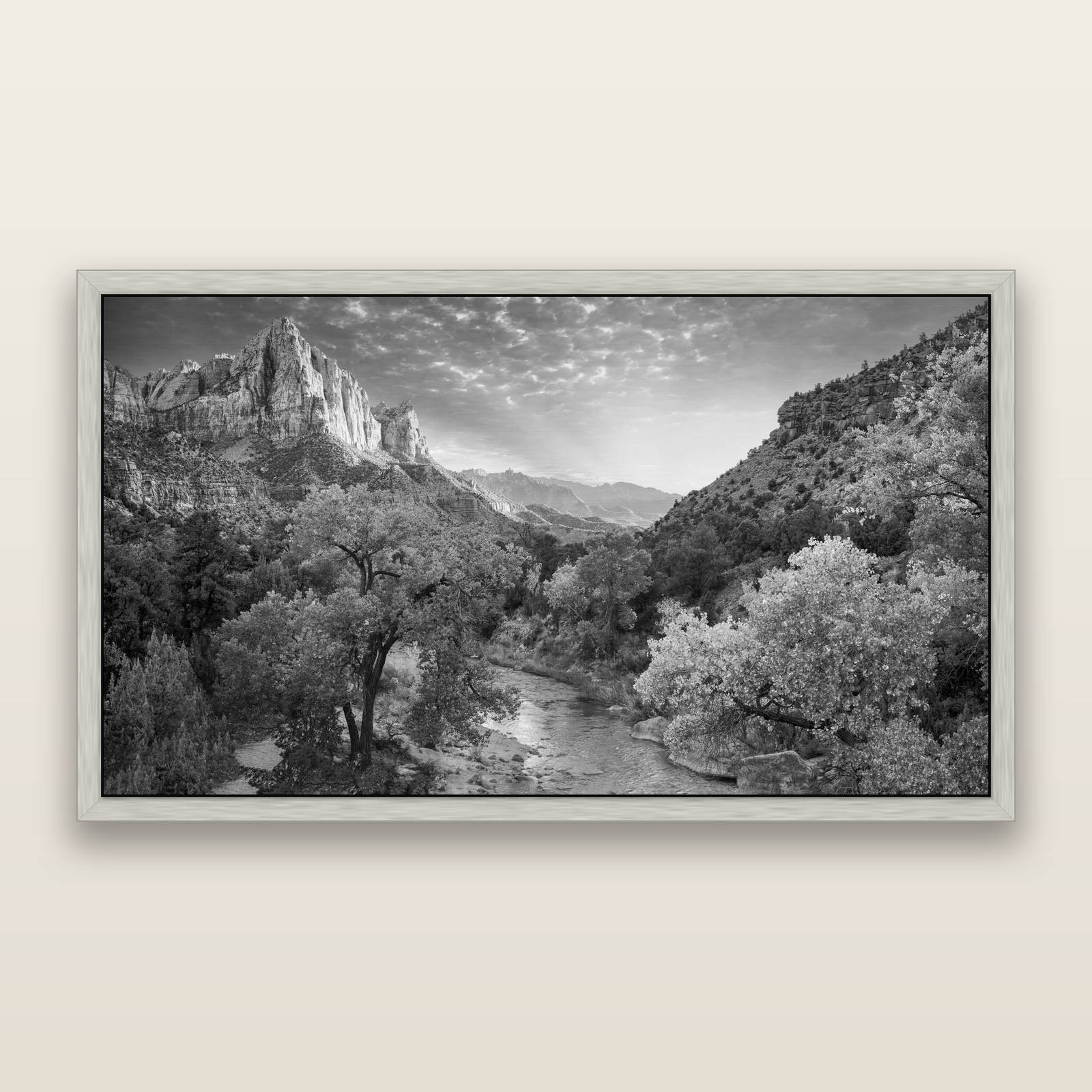 Canyon Evening, Zion National Park, black and white framed metallic canvas print, Antique Silver frame. New Zealand fine art wall art by Stephen Milner.