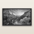 Canyon Evening, Zion National Park, black and white framed metallic canvas print, Black frame. New Zealand fine art wall art by Stephen Milner.