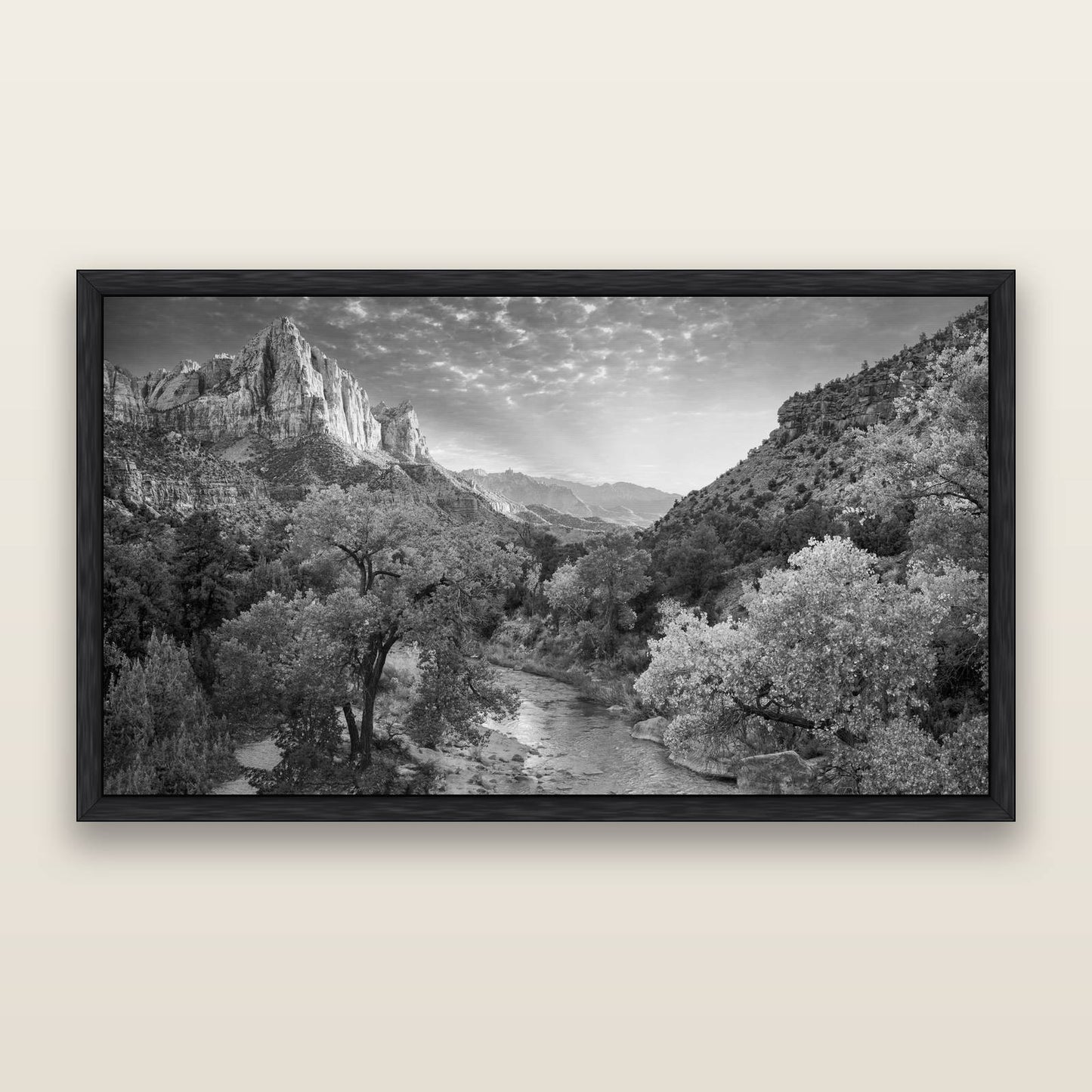 Canyon Evening, Zion National Park, black and white framed metallic canvas print, Black frame. New Zealand fine art wall art by Stephen Milner.