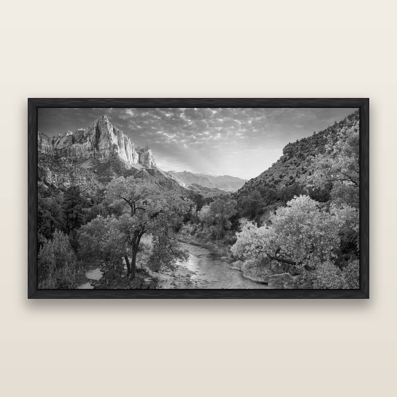 Canyon Evening, Zion National Park, black and white framed metallic canvas print, Black frame. New Zealand fine art wall art by Stephen Milner.