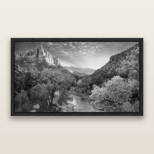 Canyon Evening, Zion National Park, black and white framed metallic canvas print, Black frame. New Zealand fine art wall art by Stephen Milner.