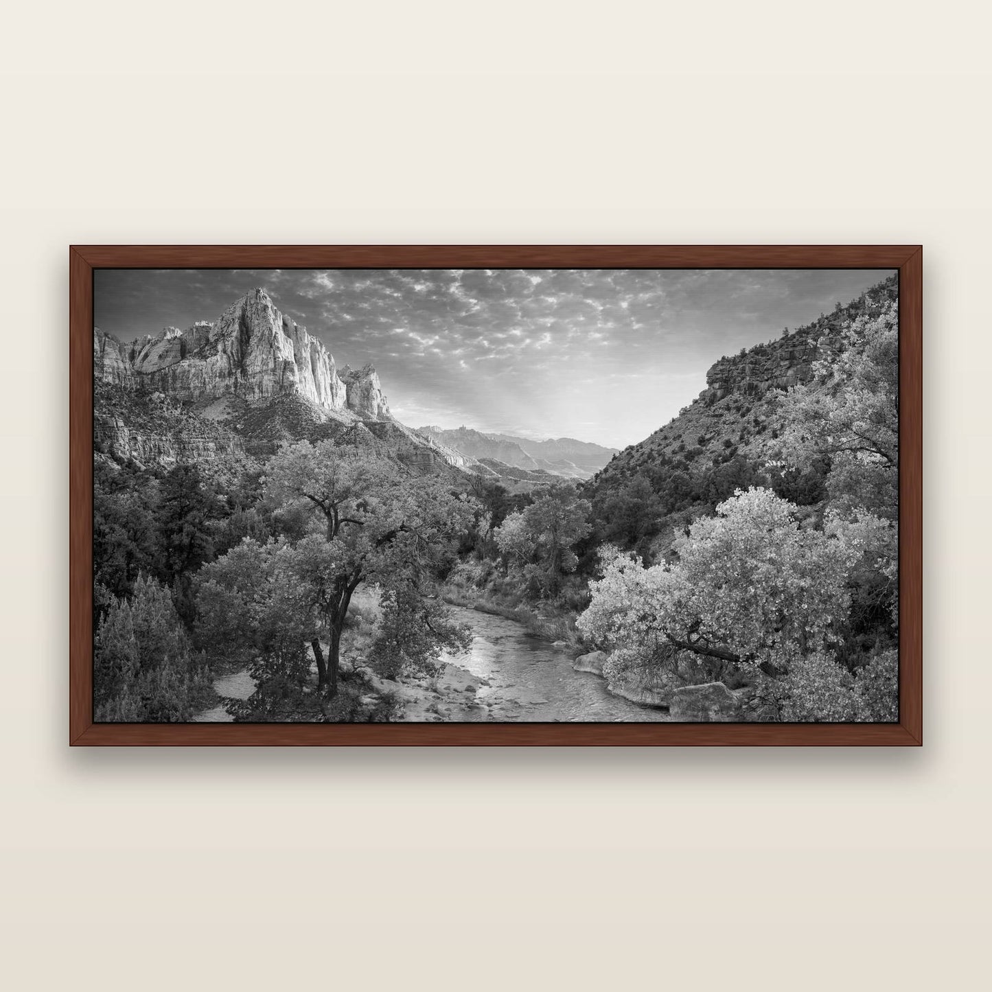 Canyon Evening, Zion National Park, black and white framed metallic canvas print, Brown frame. New Zealand fine art wall art by Stephen Milner.