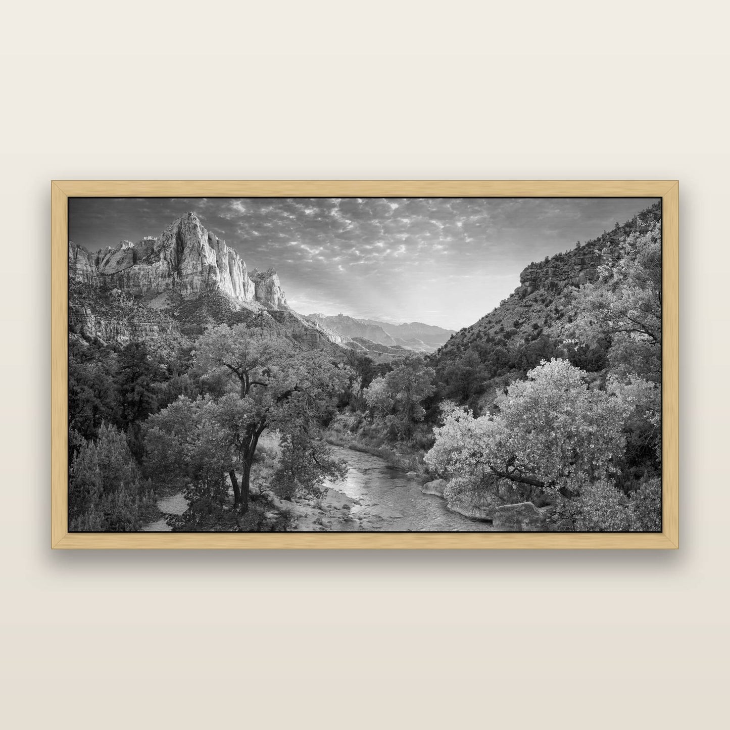 Canyon Evening, Zion National Park, black and white framed metallic canvas print, Natural frame. New Zealand fine art wall art by Stephen Milner.