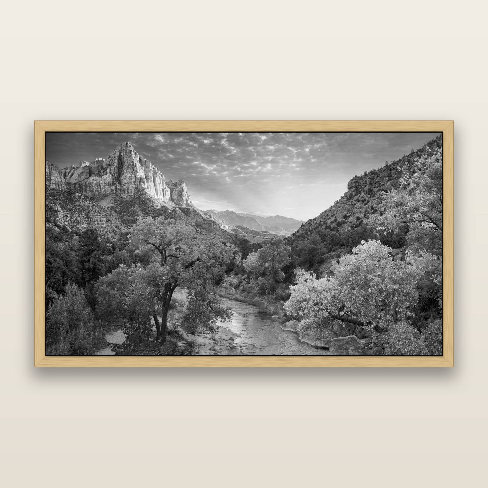 Canyon Evening, Zion National Park, black and white framed metallic canvas print, Natural frame. New Zealand fine art wall art by Stephen Milner.