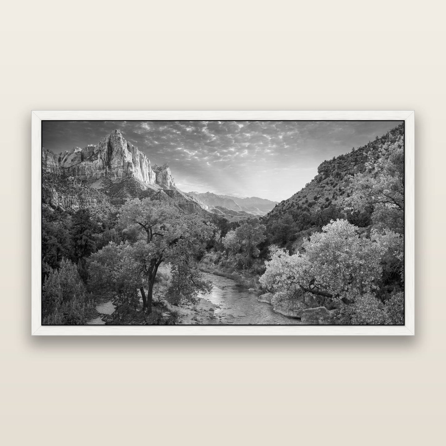 Canyon Evening, Zion National Park, black and white framed metallic canvas print, White frame. New Zealand fine art wall art by Stephen Milner.