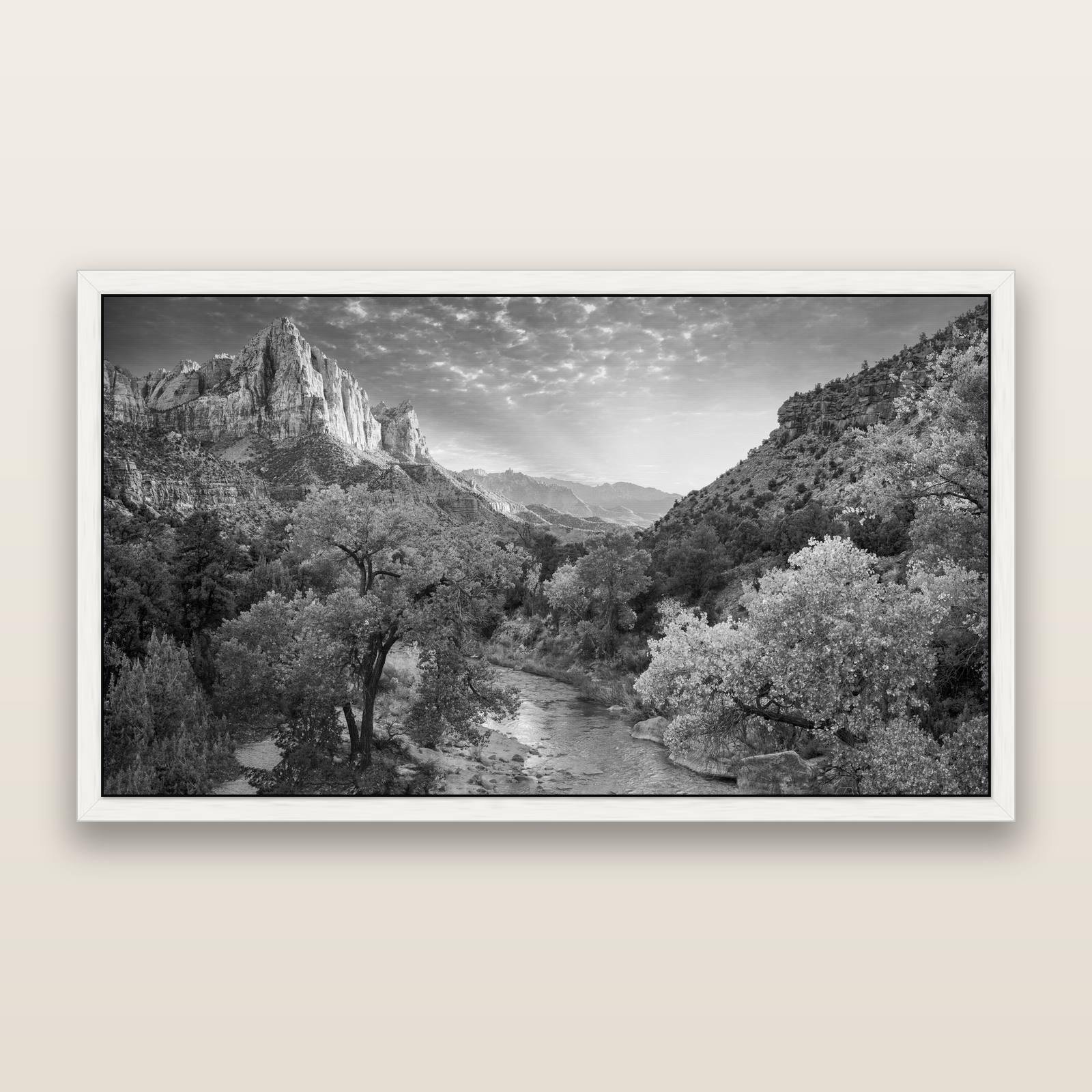 Canyon Evening, Zion National Park, black and white framed metallic canvas print, White frame. New Zealand fine art wall art by Stephen Milner.