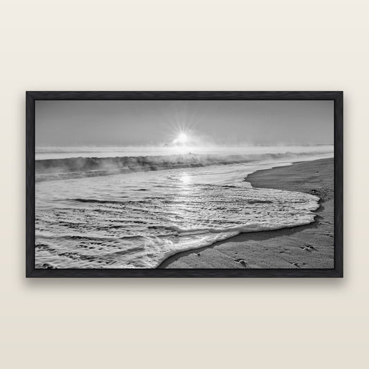 Beach Dreams, Whakatāne, black and white framed metallic canvas print, Black frame. New Zealand fine art wall art by Stephen Milner.