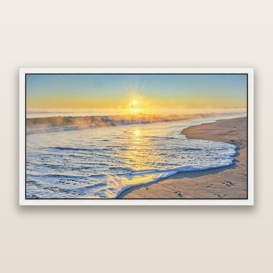 Beach Dreams, Whakatāne — framed metallic canvas print, White frame. New Zealand fine art landscape wall art by Stephen Milner.