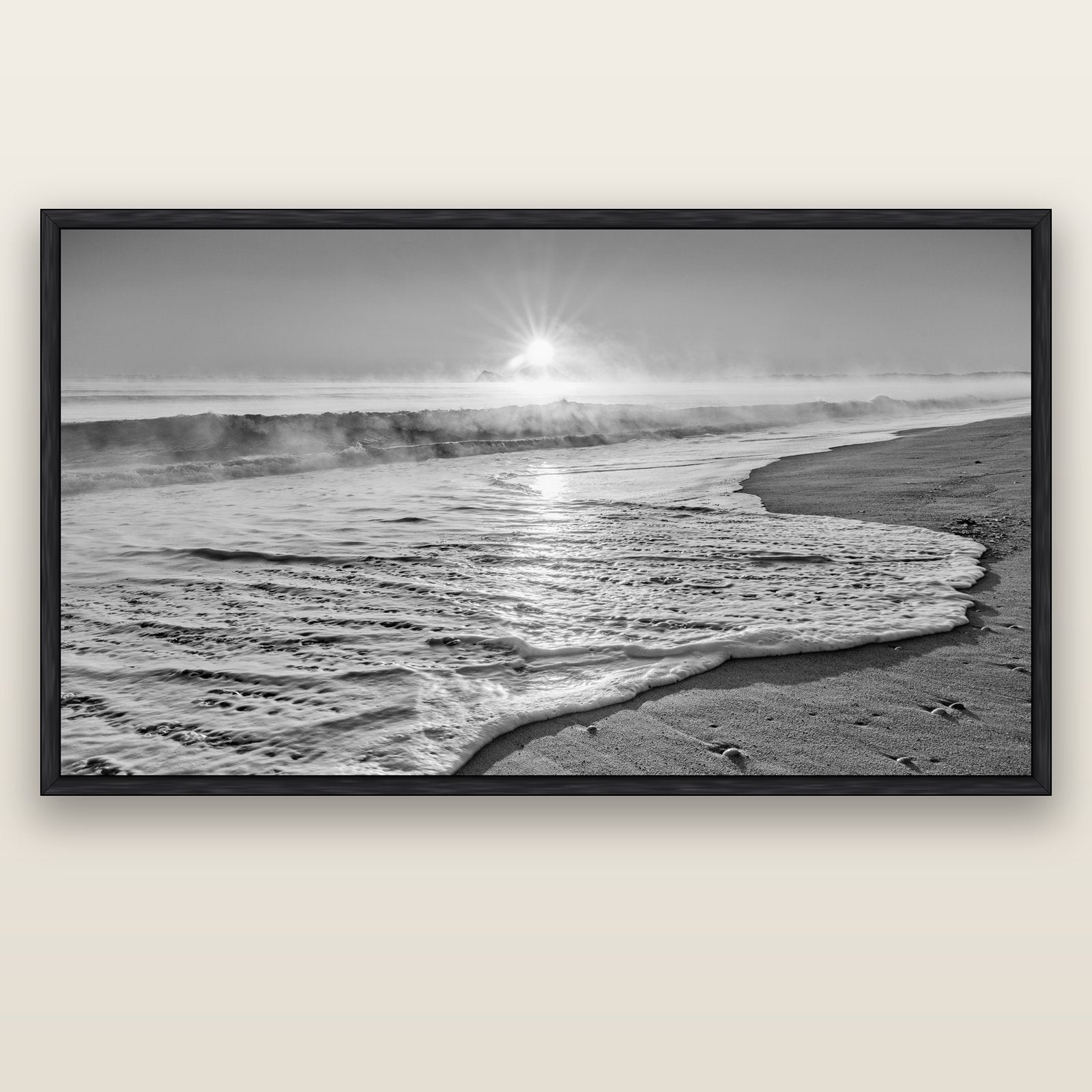 Beach Dreams, Whakatāne — black float frame canvas, 200 × 130 cm. New Zealand fine art landscape wall art by Stephen Milner.