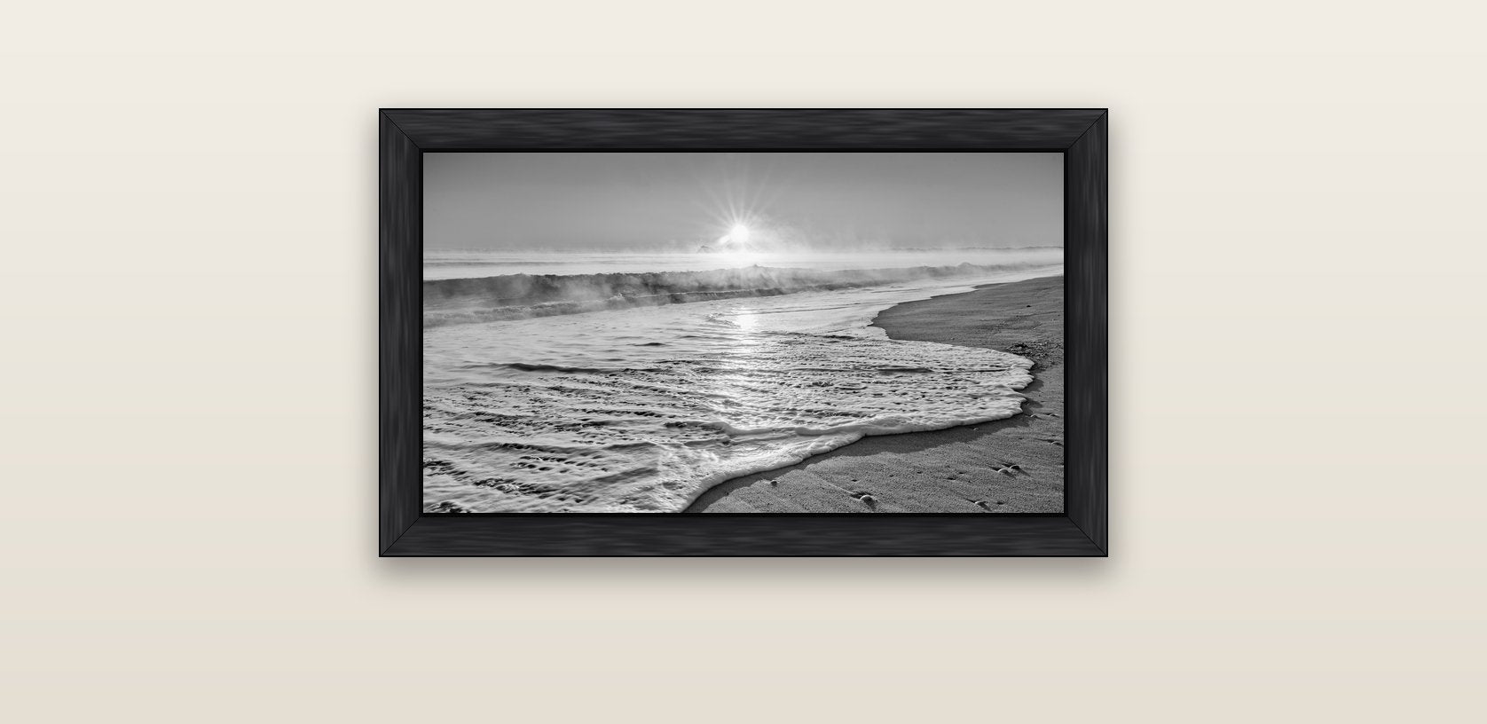 Beach Dreams, Whakatāne — black float frame canvas, 61 × 36 cm. New Zealand fine art landscape wall art by Stephen Milner.