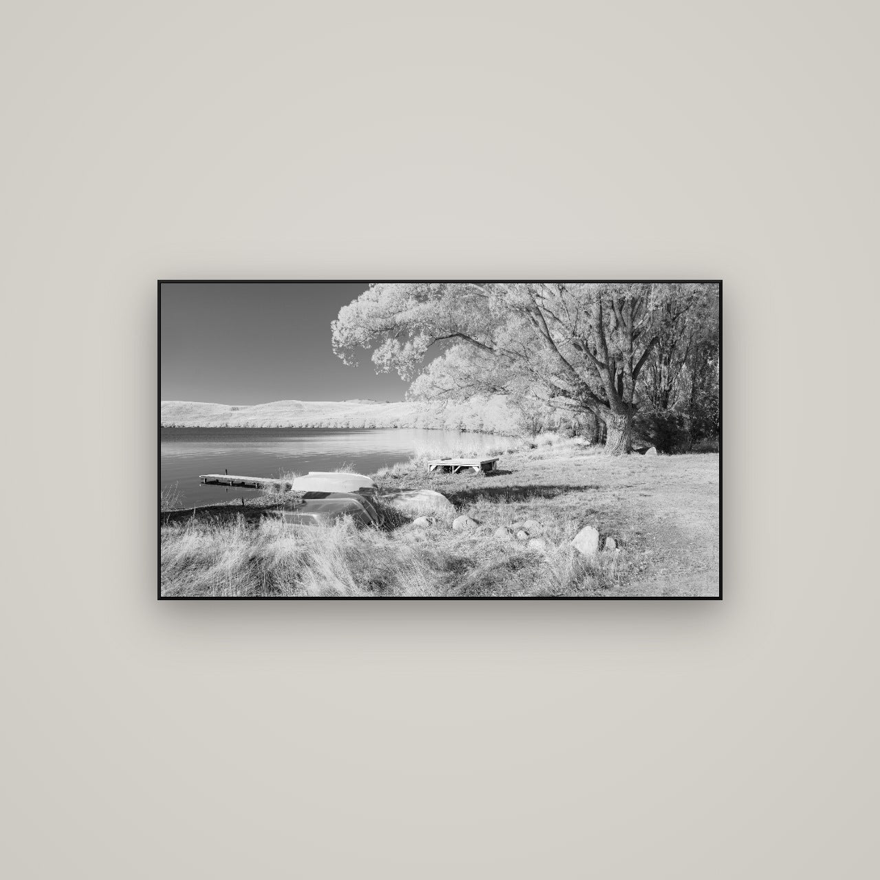 Beneath the Willows, Lake Alexandrina — ArtBox Black, 107×60 cm. New Zealand fine art wall art by Stephen Milner.