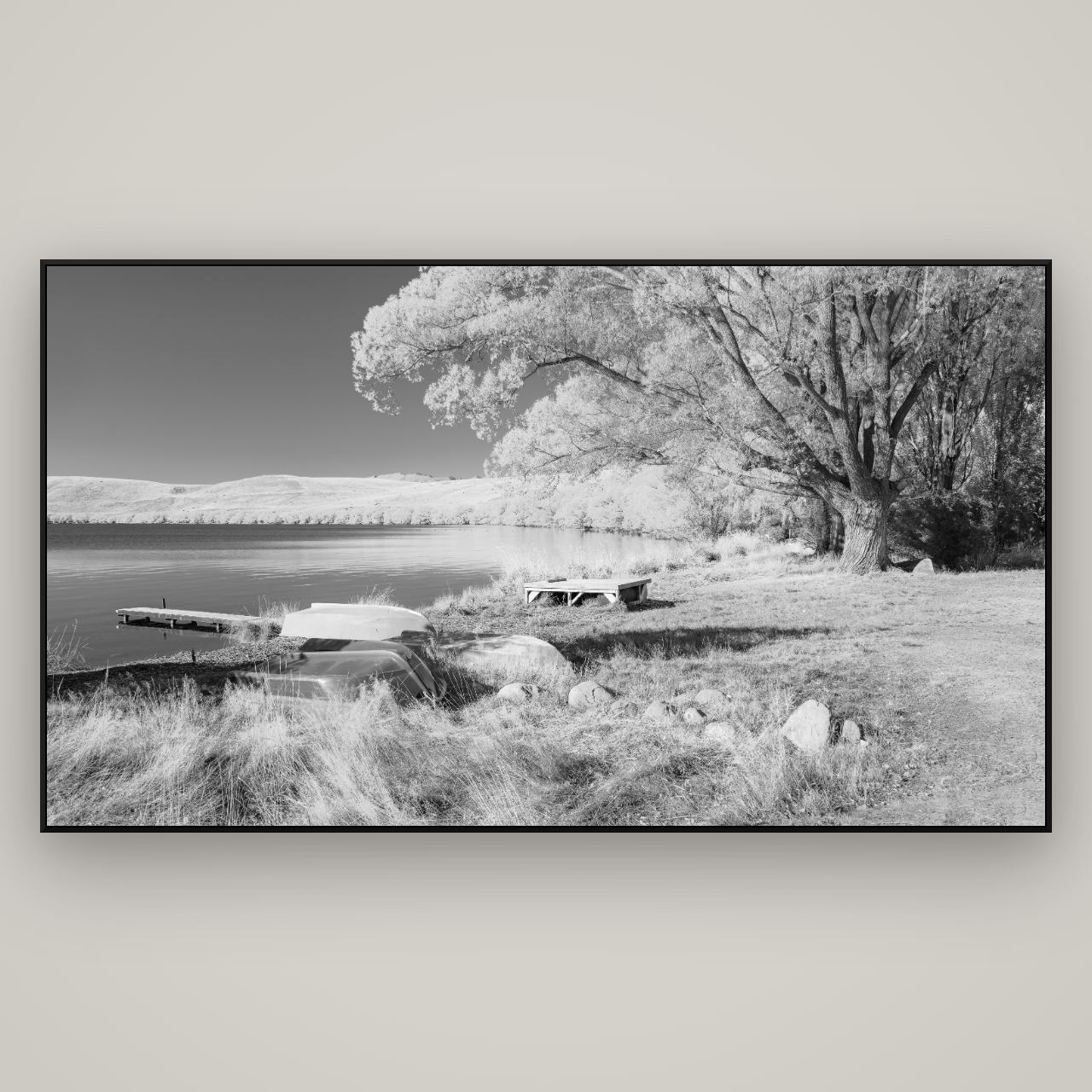 Beneath the Willows, Lake Alexandrina — ArtBox Black, 196×110 cm. New Zealand fine art wall art by Stephen Milner.