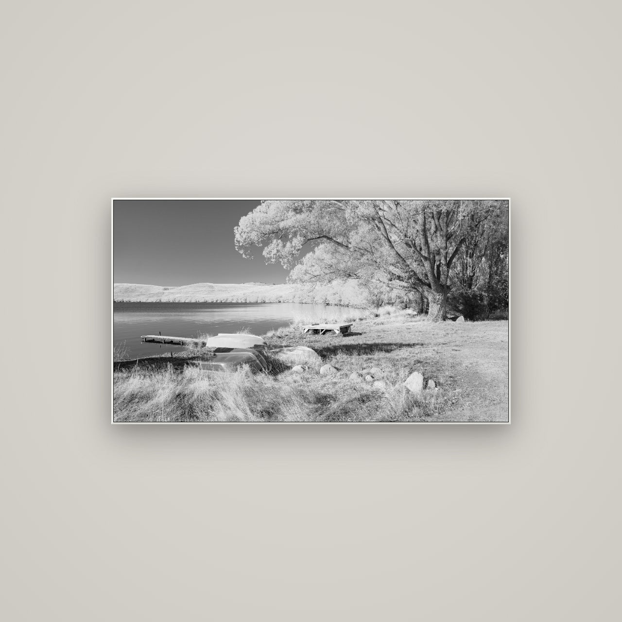 Beneath the Willows, Lake Alexandrina — ArtBox White, 107×60 cm. New Zealand fine art wall art by Stephen Milner.