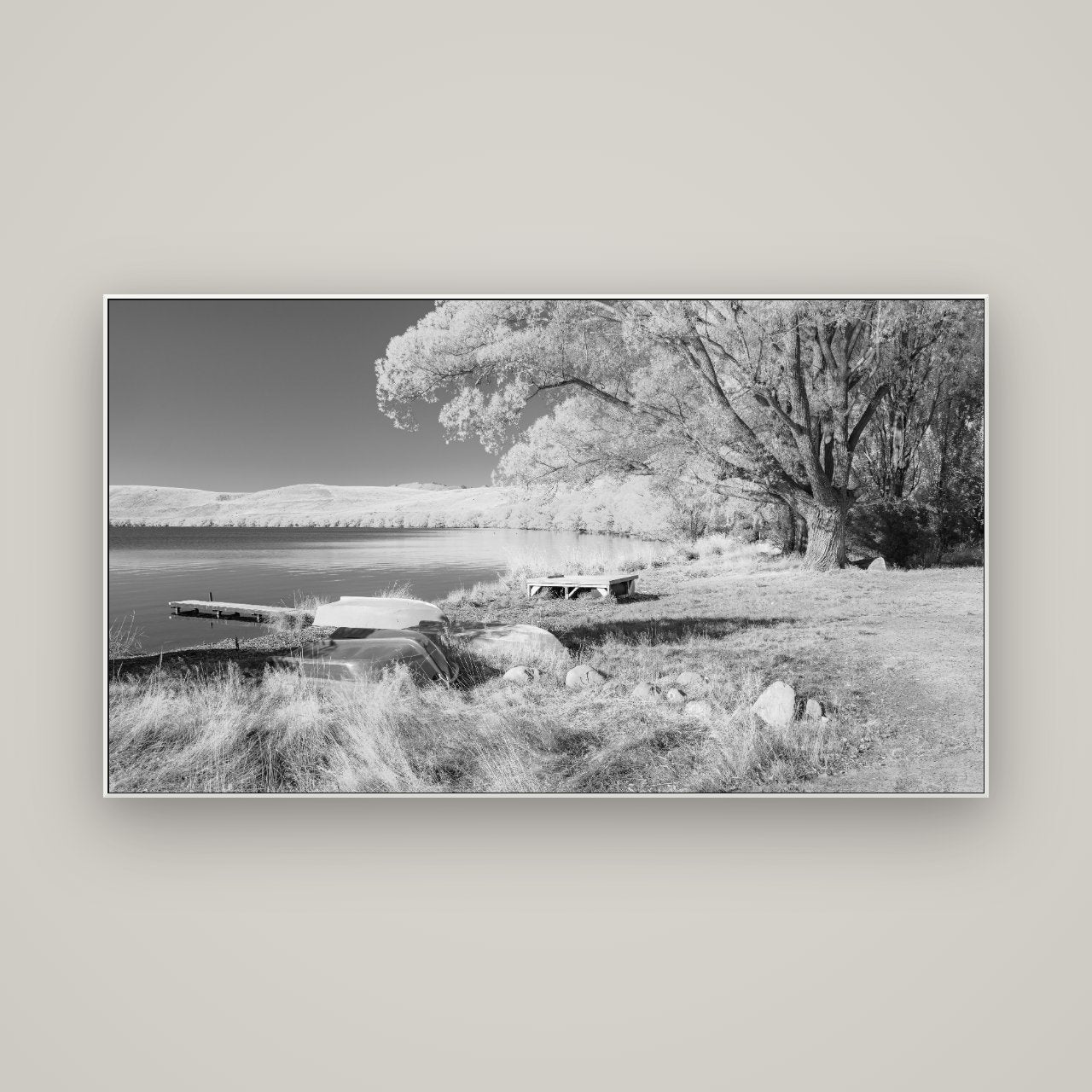 Beneath the Willows, Lake Alexandrina — ArtBox White, 160×90 cm. New Zealand fine art wall art by Stephen Milner.