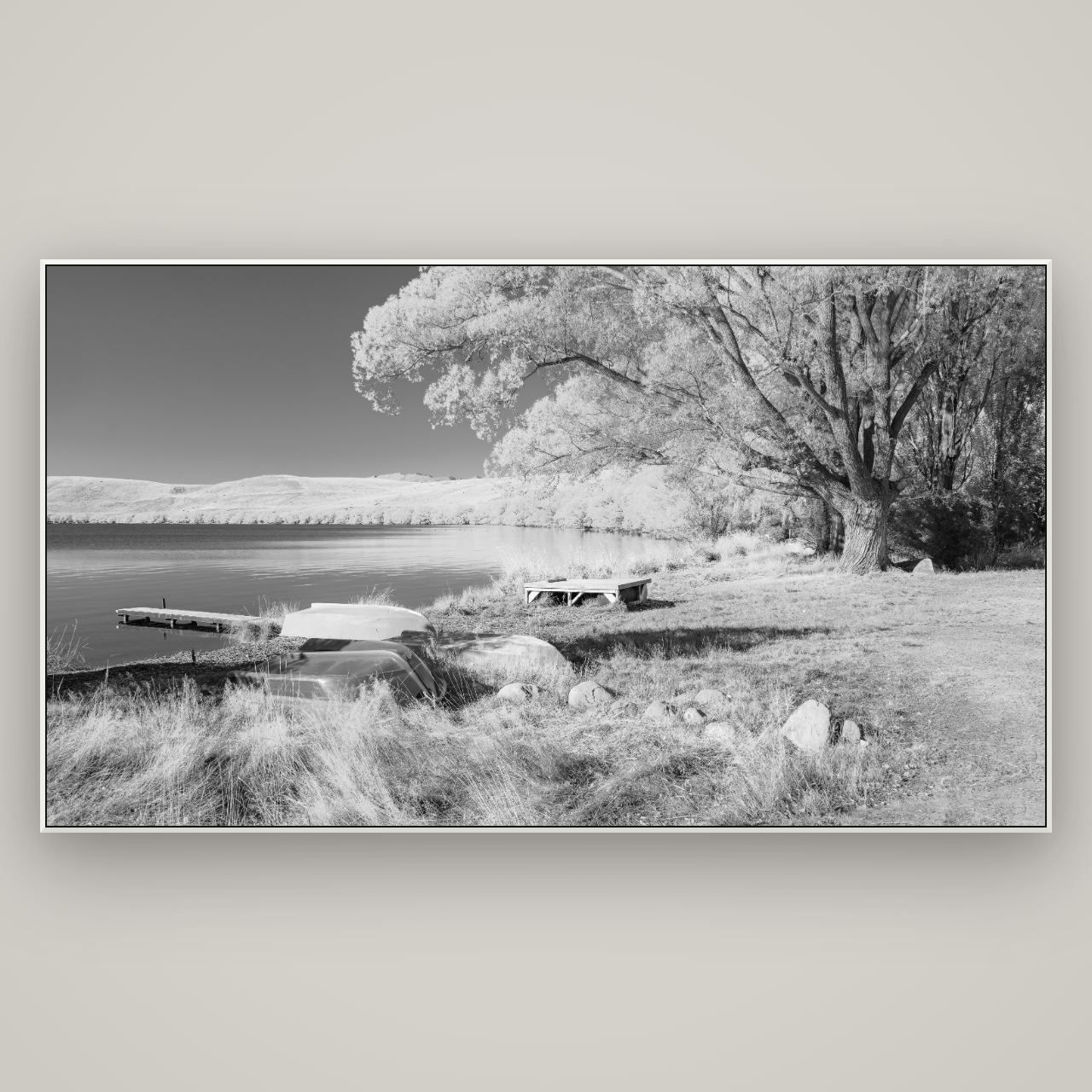 Beneath the Willows, Lake Alexandrina — ArtBox White, 196×110 cm. New Zealand fine art wall art by Stephen Milner.