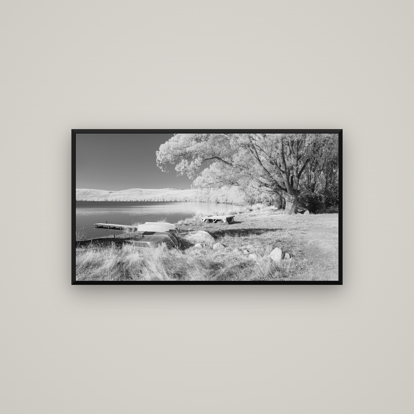 Beneath the Willows, Lake Alexandrina — Basel Black Matte, 107×60 cm. New Zealand fine art wall art by Stephen Milner.