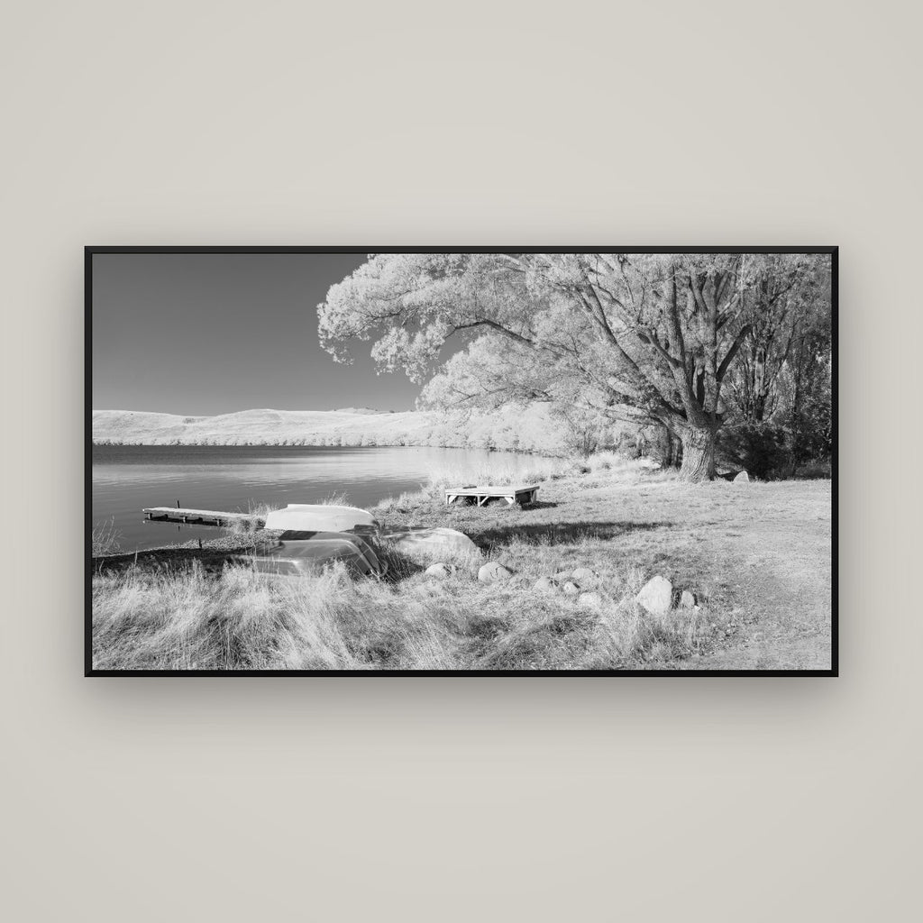 Beneath the Willows, Lake Alexandrina — Basel Black Matte, 160×90 cm. New Zealand fine art wall art by Stephen Milner.