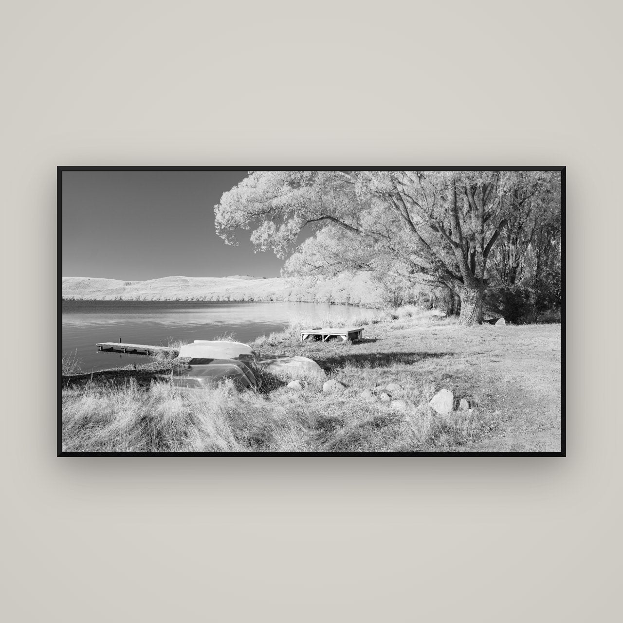 Beneath the Willows, Lake Alexandrina — Basel Black, 160×90 cm. New Zealand fine art wall art by Stephen Milner.