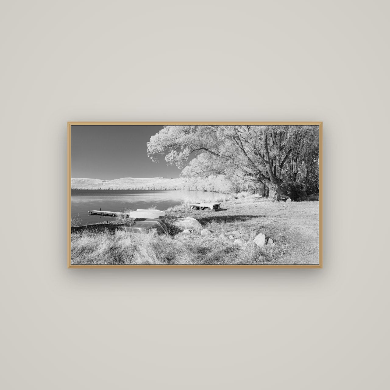 Beneath the Willows, Lake Alexandrina, Basel Natural Oak, 107×60 cm. New Zealand fine art wall art by Stephen Milner.