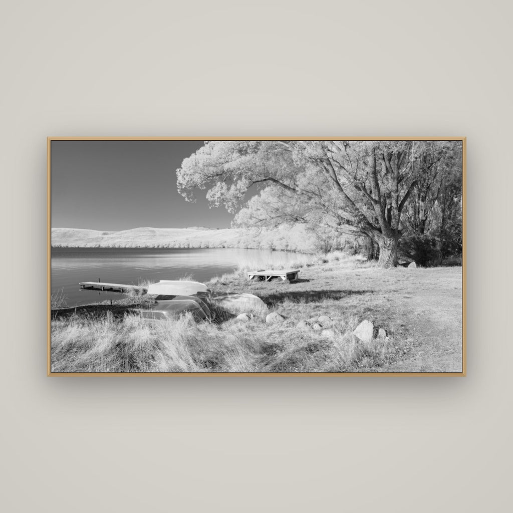Beneath the Willows, Lake Alexandrina, Basel Natural Oak, 160×90 cm. New Zealand fine art wall art by Stephen Milner.