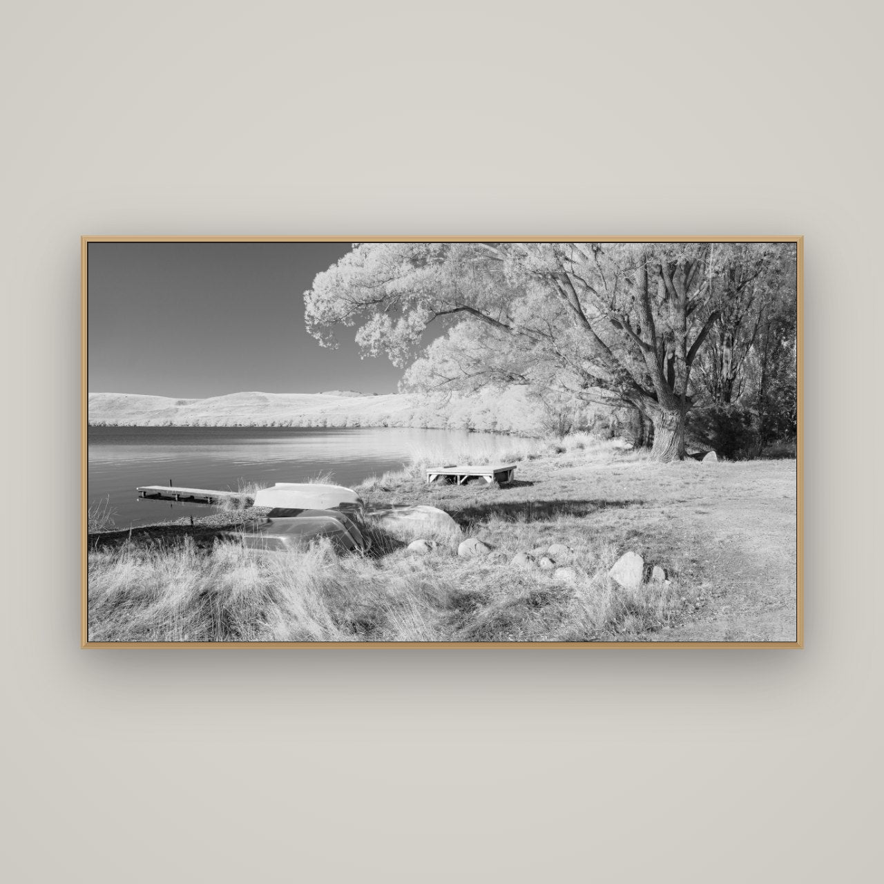 Beneath the Willows, Lake Alexandrina, Basel Natural Oak, 160×90 cm. New Zealand fine art wall art by Stephen Milner.