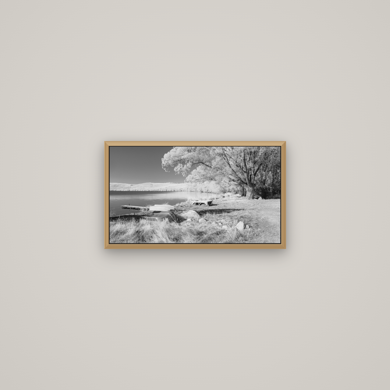 Beneath the Willows, Lake Alexandrina, Basel Natural Oak, 53×30 cm. New Zealand fine art wall art by Stephen Milner.